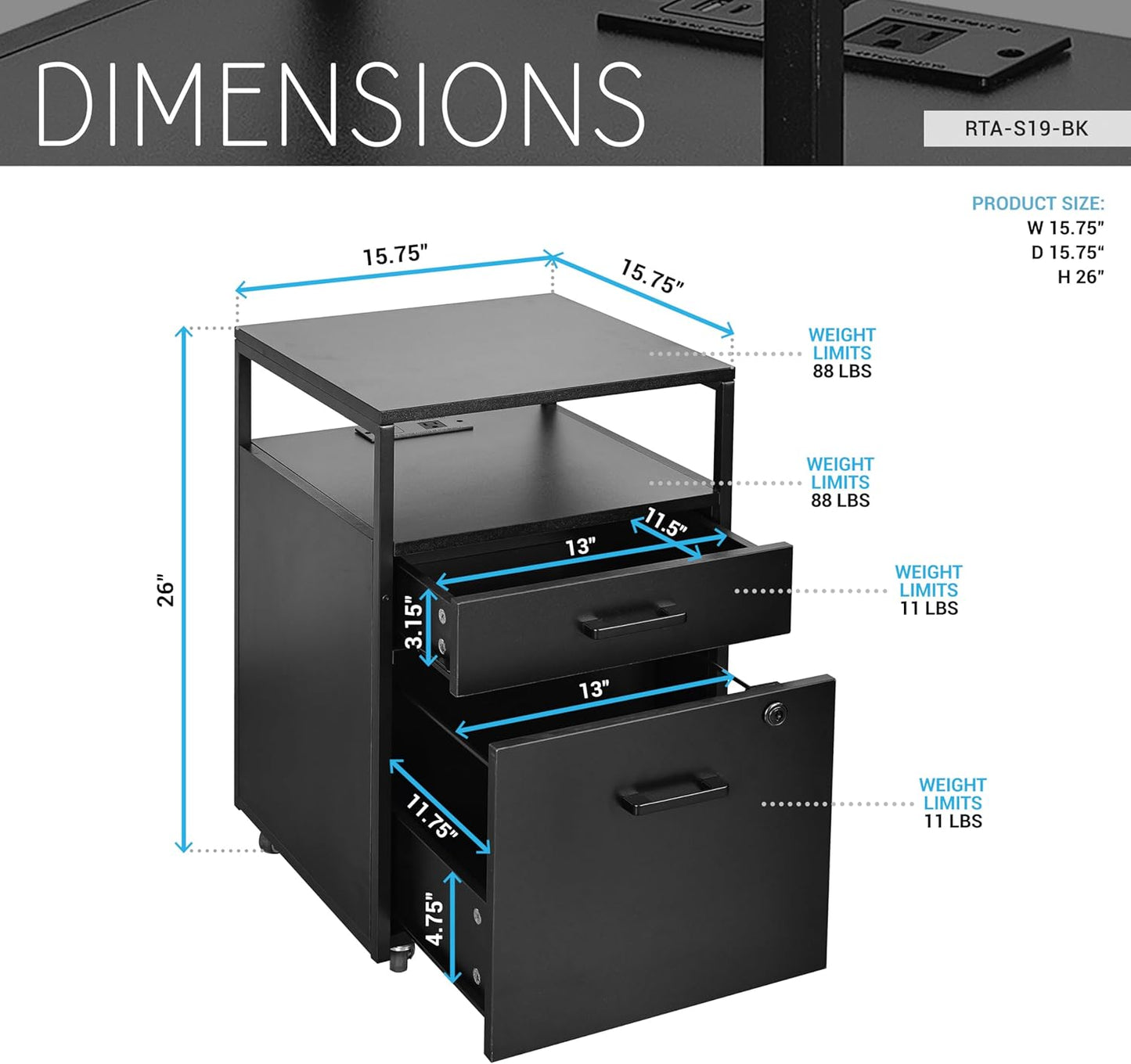 Techni Mobili Modern 2-Drawer Rolling File Cabinet with Lock, 2 USB Ports and Power Outlet for Device Charging, Portable File Organizer or Printer Stand for Office or Home with Locking Wheels, Black