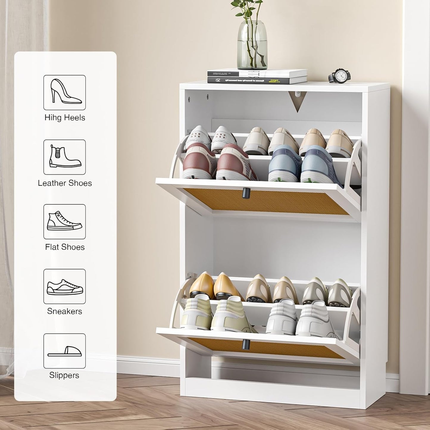 Shoe Storage Cabinet for Entryway with 2 Flip Drawers, Narrow Wood Shoe Cabinet with Rattan Panel, Freestanding Hidden Shoe Organizer for Foyer, Hallway, Small Space (White)