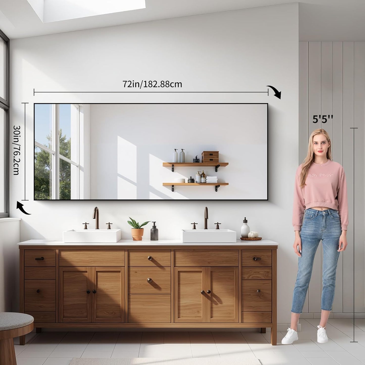 YIROMAN Bathroom Mirror 72"x30", Large Matte Black Bathroom Mirror for Over Sink with Aluminum Frame, Rectangular Vanity Mirror with Right Angle, Wall Mirror Hangs Horizontal or Vertical, Shatterproof