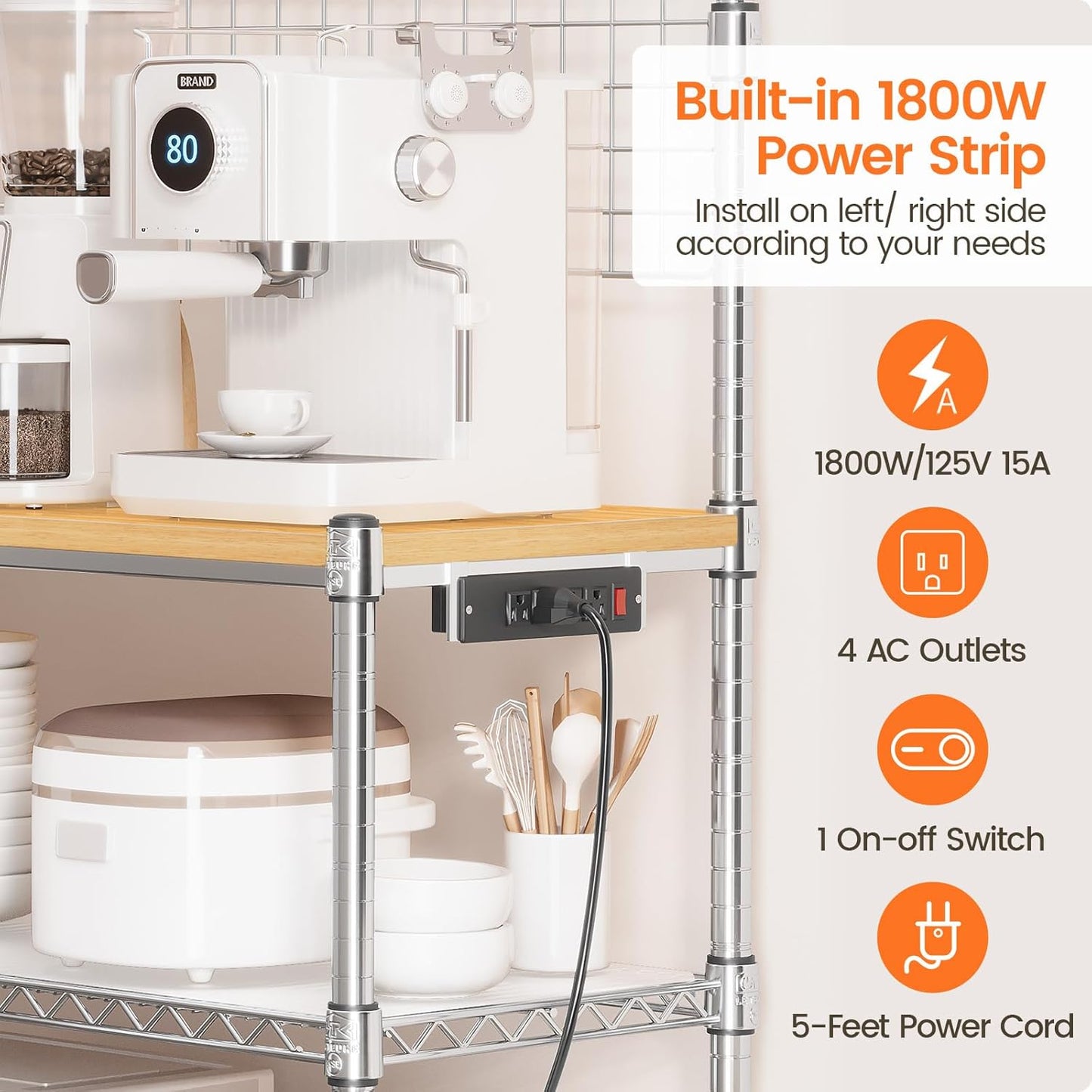 Leteuke Bakers Rack with Power Outlet & Storage, 36 Inch Microwave Stand Kitchen Cart, 4-Tier Metal Kitchen Shelves Cart with Wheels & 20 S-Hooks for Kitchen, NSF Certified, 63 x 18 x 36 Inch-Chrome