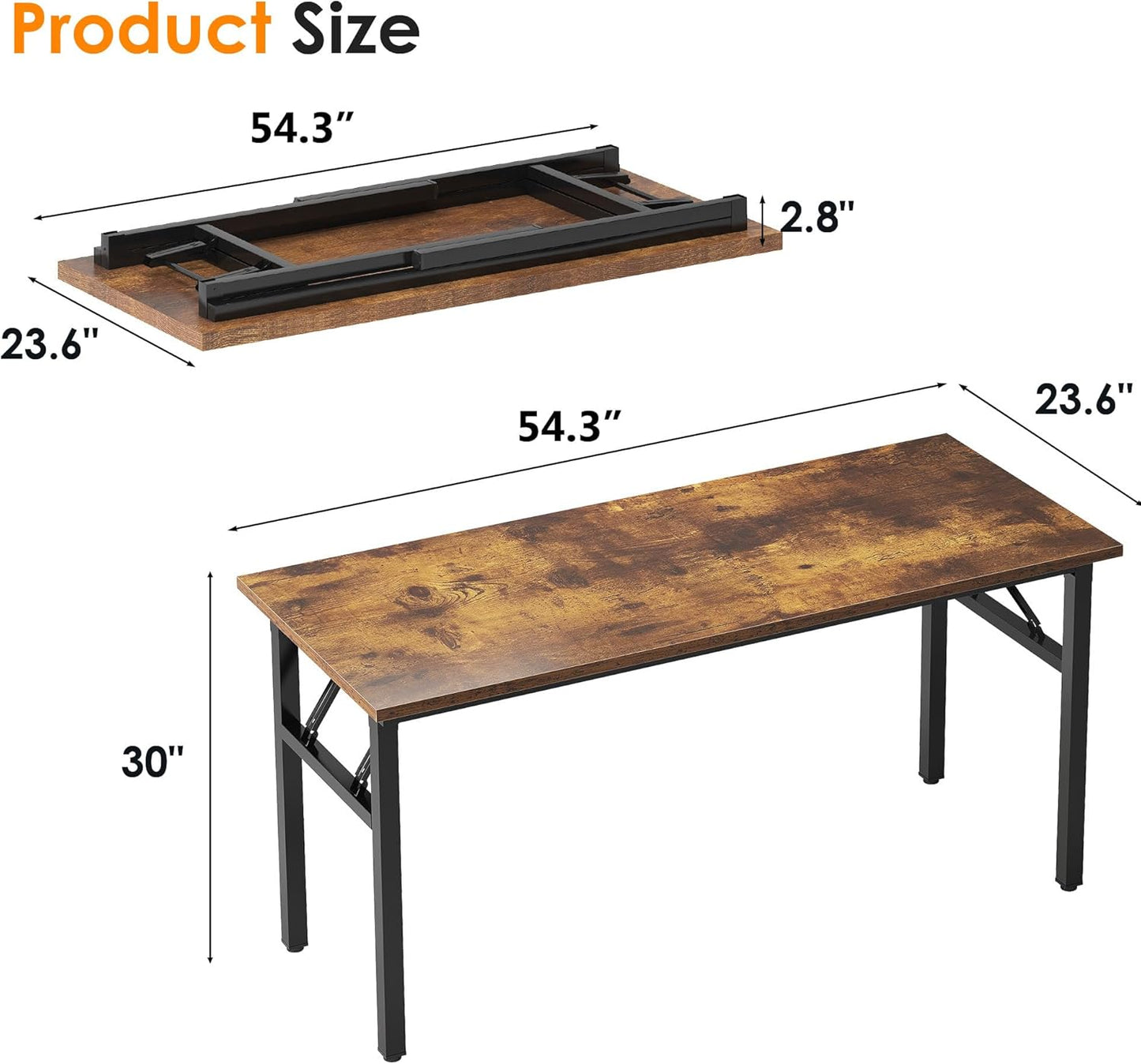 Need Folding Desk, 54 inch Large Computer Desk for Home Office, No Install Needed Study Student Writing Table Desk Workstation, Rustic Brown