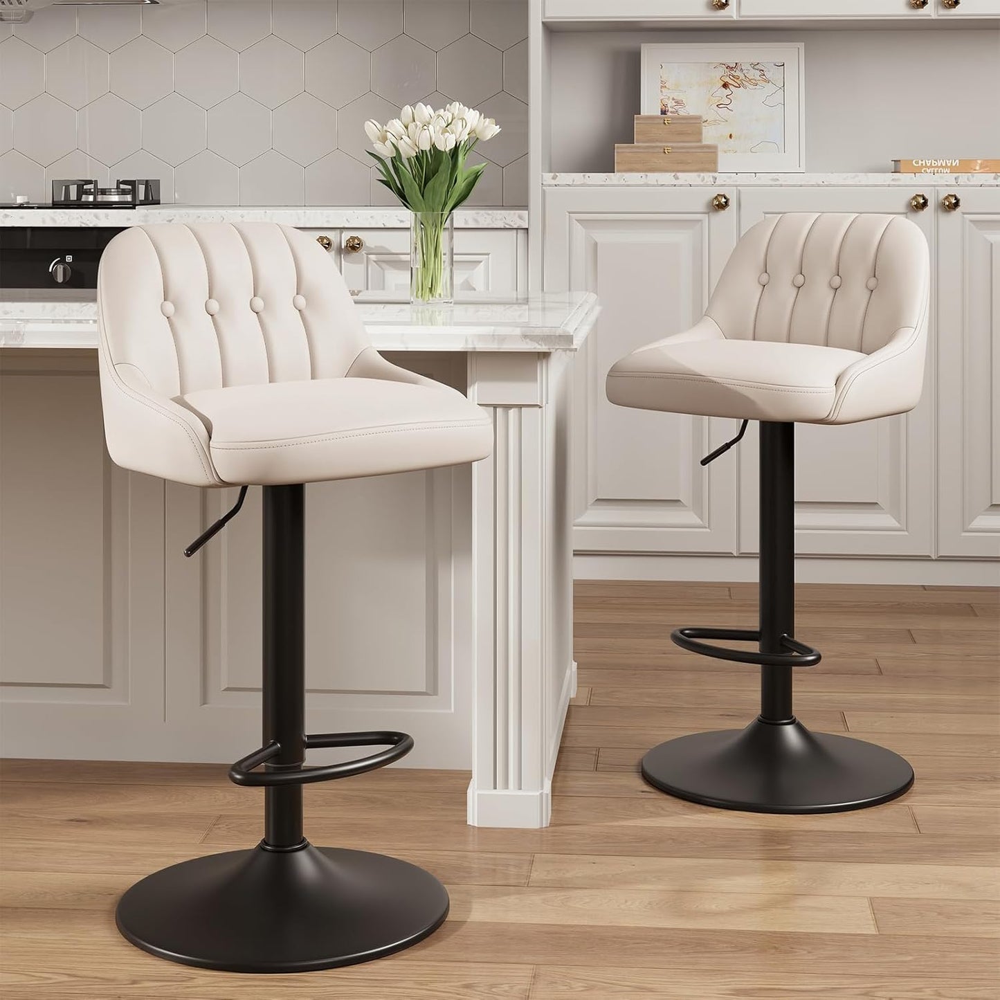 Bar Stools Set of 2, Swivel Bar Chairs, Modern Adjustable PU Leather Upholstered Barstools Counter Height with Tufted Back for Bar, Kitchen Counter Island, Dining Room, Beige