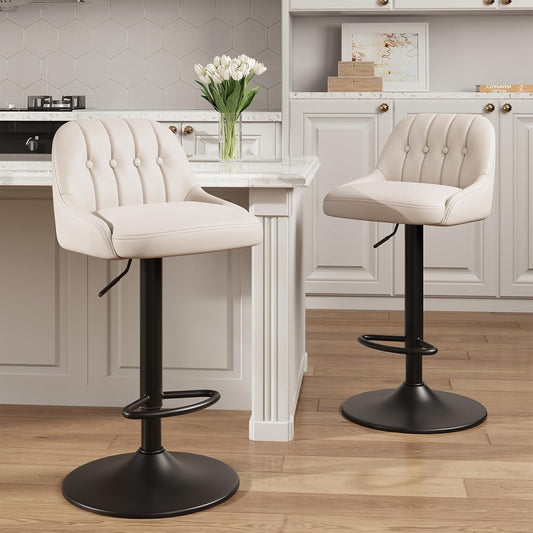 Bar Stools Set of 2, Swivel Bar Chairs, Modern Adjustable PU Leather Upholstered Barstools Counter Height with Tufted Back for Bar, Kitchen Counter Island, Dining Room, Beige