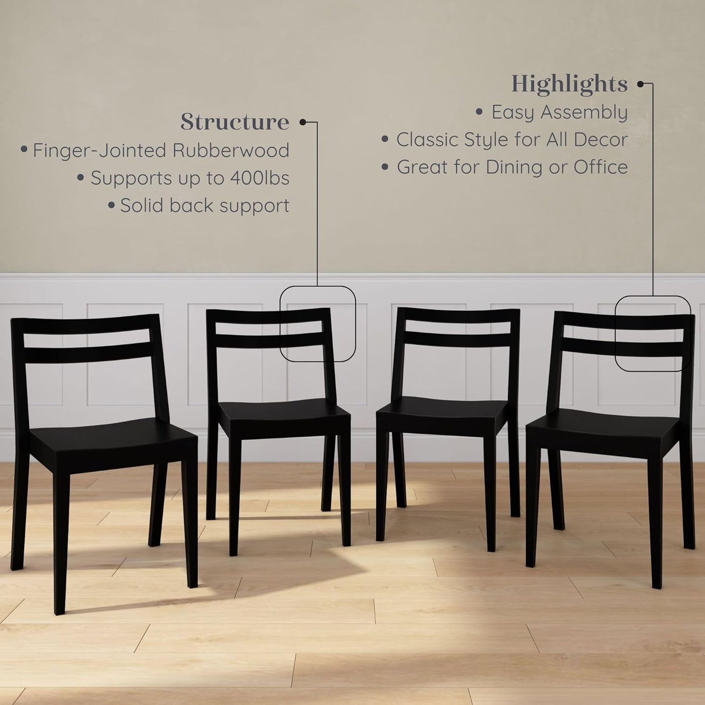 Grain & Grove Davie Dining Room Chairs Set of 4, Solid Wood Modern Kitchen Chair for Living Room, Kitchen, Black