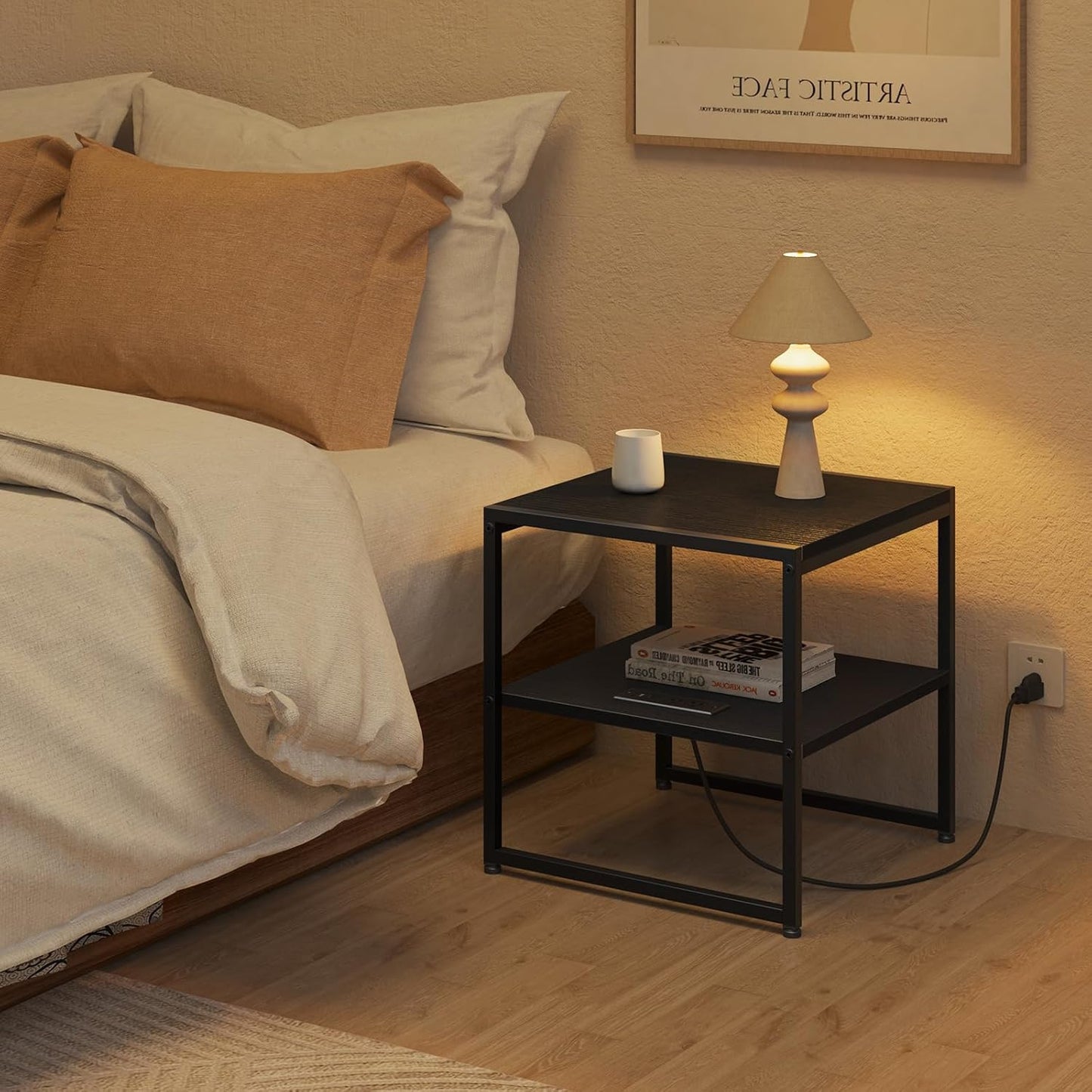 Tatub 20" End Table with Charging Station, Industrial Square Side Table with USB Ports & Outlets, Versatile 2-Tier Small Nightstand for Bedroom Living Room, Black