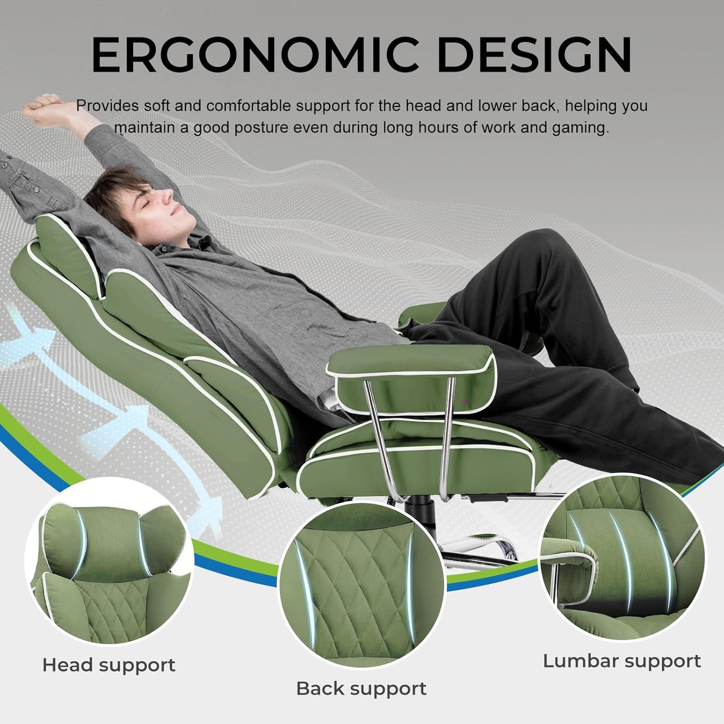 GTRACING Gaming Chair,Office Chair with Pocket Spring Lumbar Support, Ergonomic Comfortable Wide Office Desk Computer Chair with Outward Fixed Soft Armrests and Footrest (Fabric, Green)