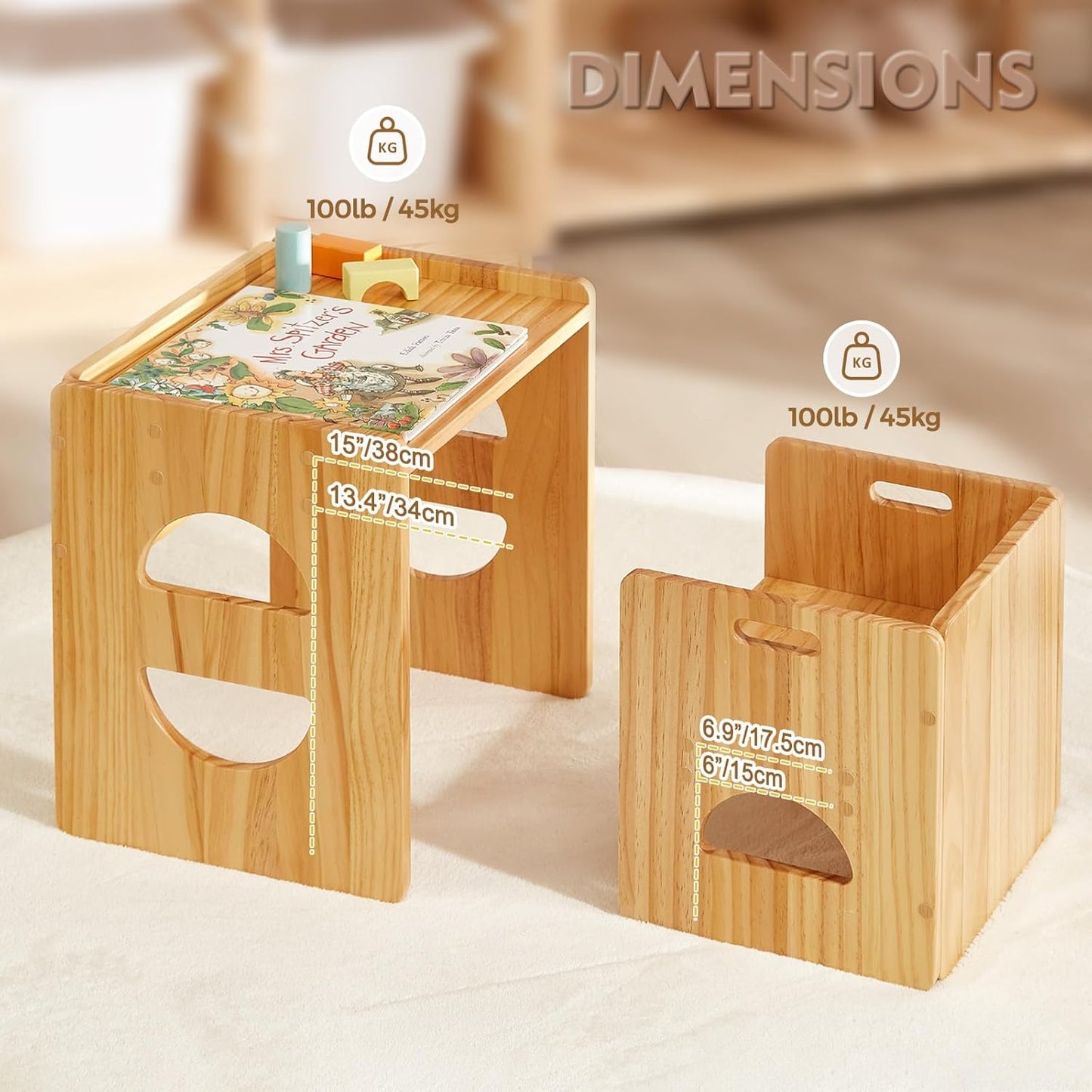 FUNLIO Height Adjustable Montessori Table and Chair Set for Age 1-3, Solid Wood Toddler Table and Chair Set, Weaning Baby Table Chair Set for Reading/Eating/Playing, Easy to Assemble - Natural