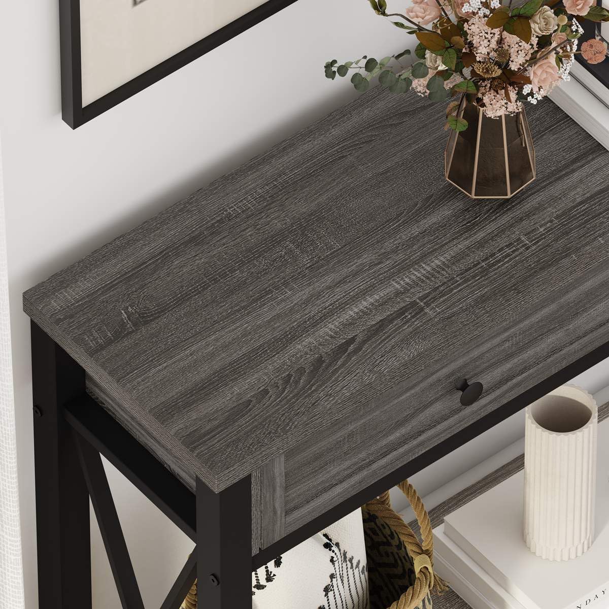 BON AUGURE Sofa Table with Drawers, Console Tables for Entryway, Sofa Table with Storage, Couch Tables for Living Room, Hallway, Foyer, Entry (Dark Grey Oak, 47 Inch)