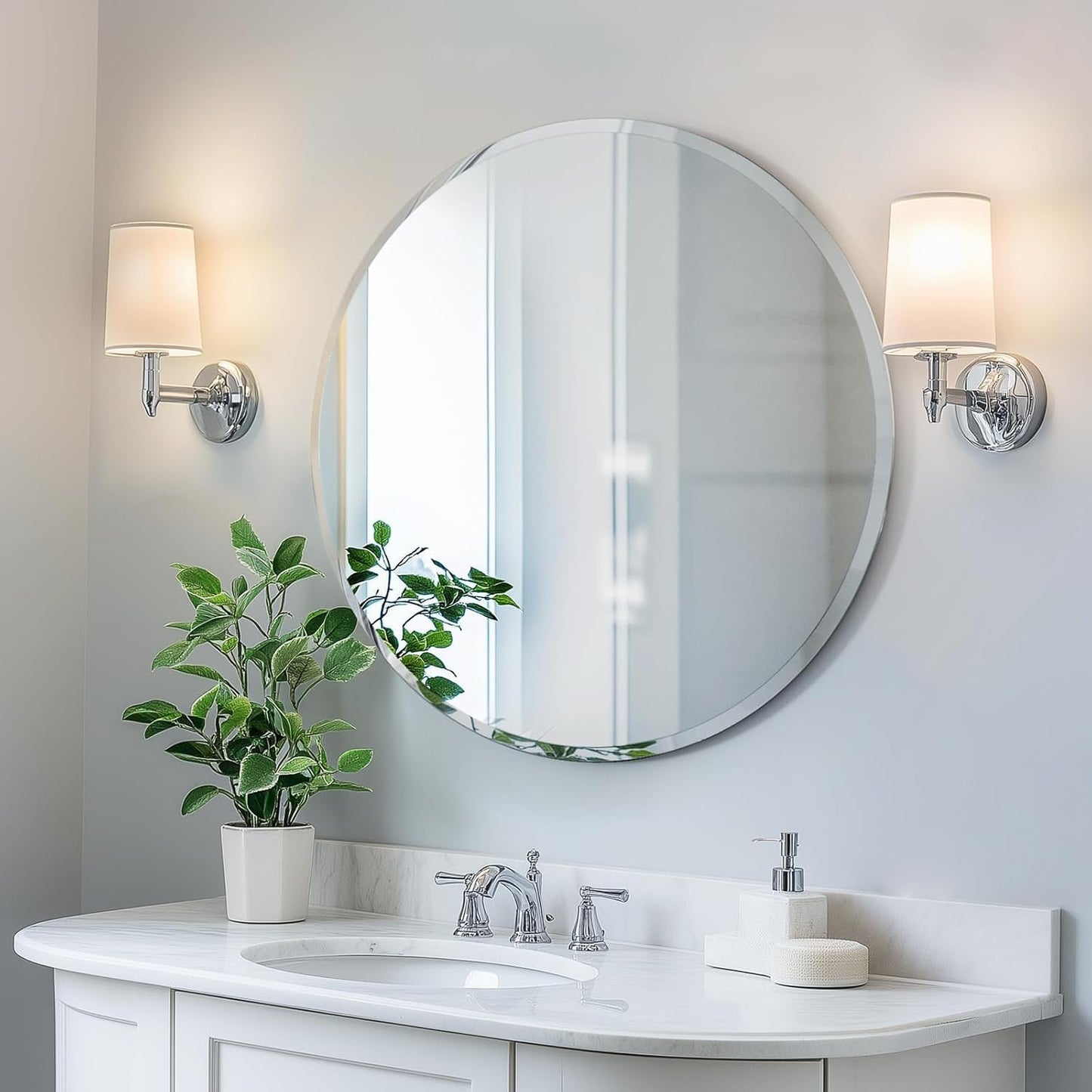 KOHROS Round Bathroom Mirror 32" x 32" Large Circle Mirror for Bathroom, Frameless Beveled Edge Mirror for Wall, Anti-Rust, Tempered Glass, Hallway & Home Decor (Silver)