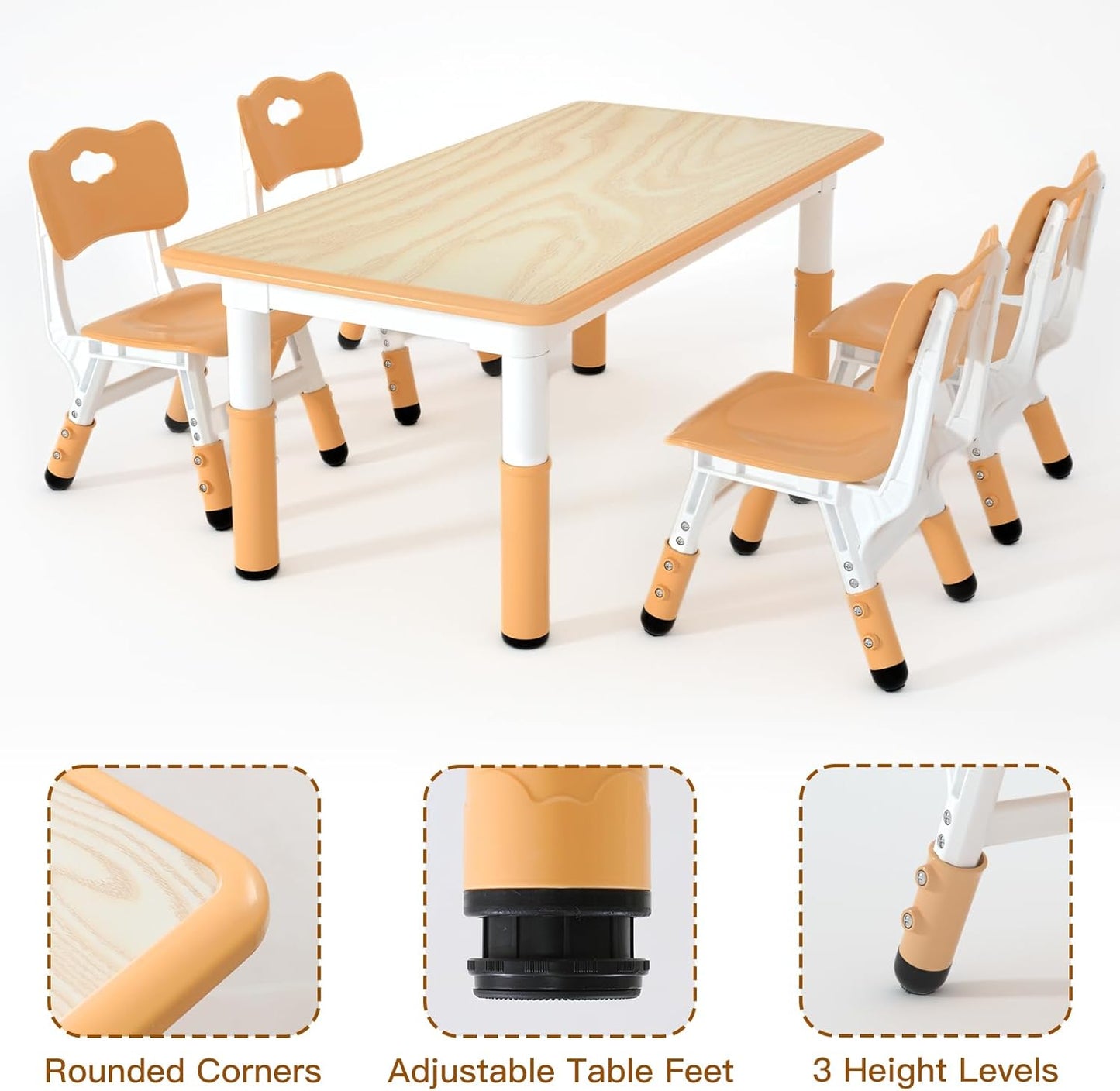 Kids Table and 4 Chairs Set，Height Adjustable Children Table & Chair，Toddlers Study Multi-Activity Table with 47.2"x23.6" Wipe-Clean Desktop，for Classrooms, Homes & Daycares