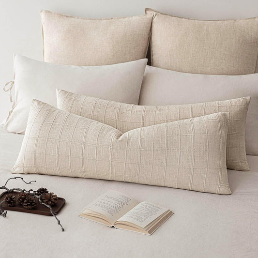 Foindtower Set of 2 Decorative Linen Check Throw Pillow Covers Neutral Long Body Lumbar Cushion Covers Farmhouse Vintage Home Decor for Sofa Chair Couch Bedroom Living Room,14×36 Inch,Natural Beige