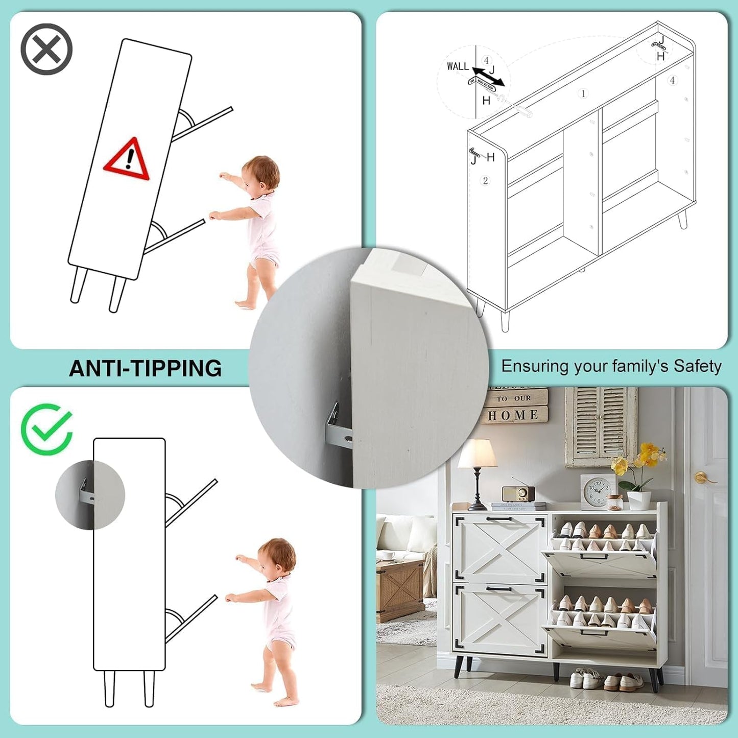Shoe Storage Cabinet,Farmhouse Shoe Organizer with 4 Flip Drawers & Barn Door Design,Freestanding Hidden Slim Narrow Shoe Rack Cabinet for Entryway,Foyer,Hallway,Antique White