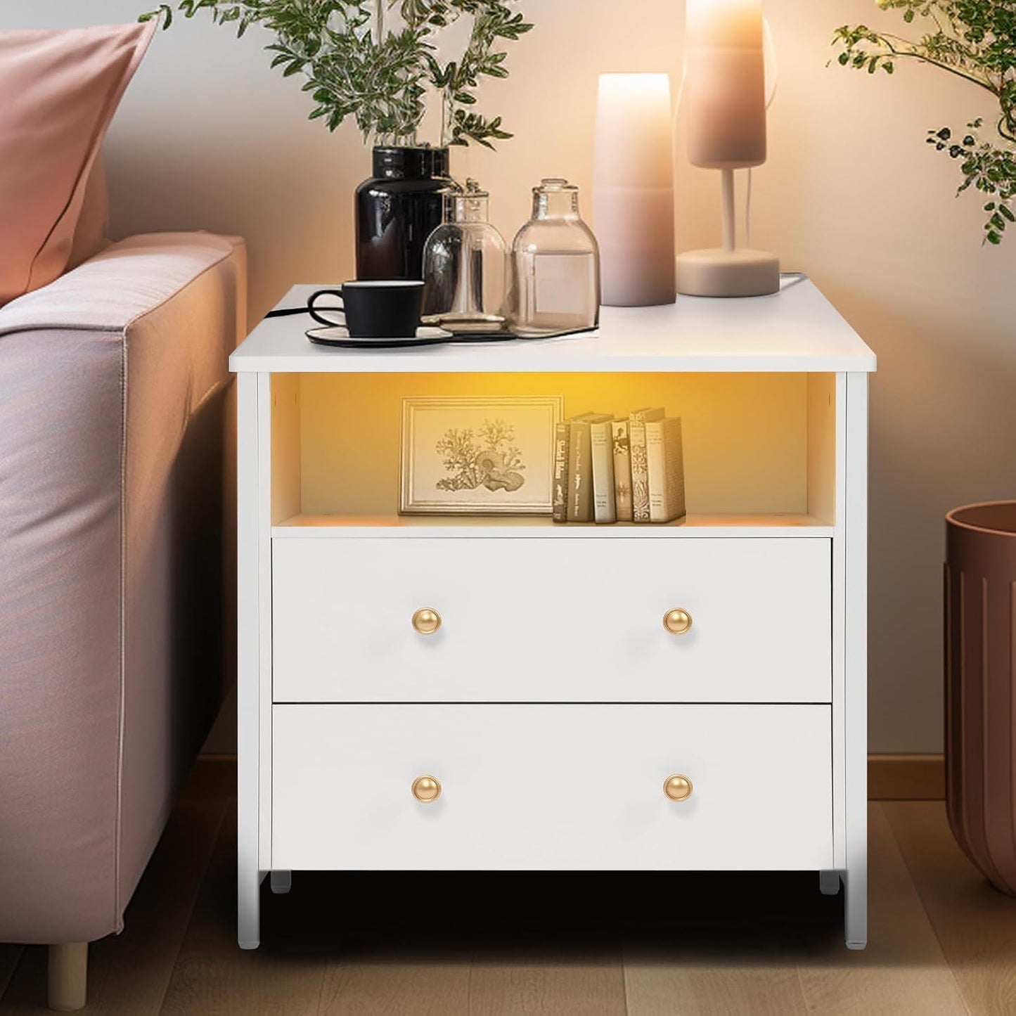 27 Inch Wide Night Stand, Large Wood Night Stand with 2 Drawers, LED Nightstand with Charging Station and Adjustable Drawer, Bedside Table for Living Room/Bedroom/Study/Office, White.