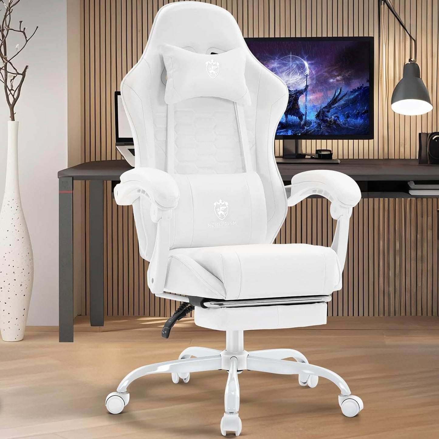 White Gaming Chair,Computer Office Chair with Footrest,Massage Lumbar Support and Gel Pad,Ergonomic Reclining Adjustable Leather Gamer Chair with Headrest and Spring Cushion White