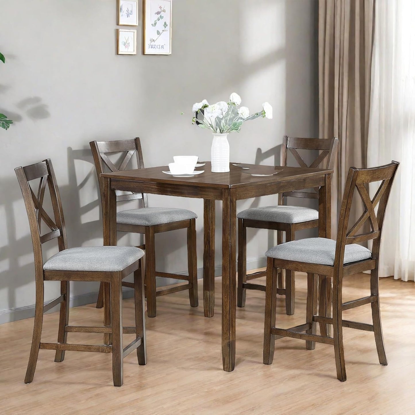 Dining Table Set for 4, Modern 5 Piece Dining Room Table Set with Square Table & 4 X-Shaped Backrest Upholstered Chairs, Counter Height Kitchen Chairs Set for Small Space, Walnut