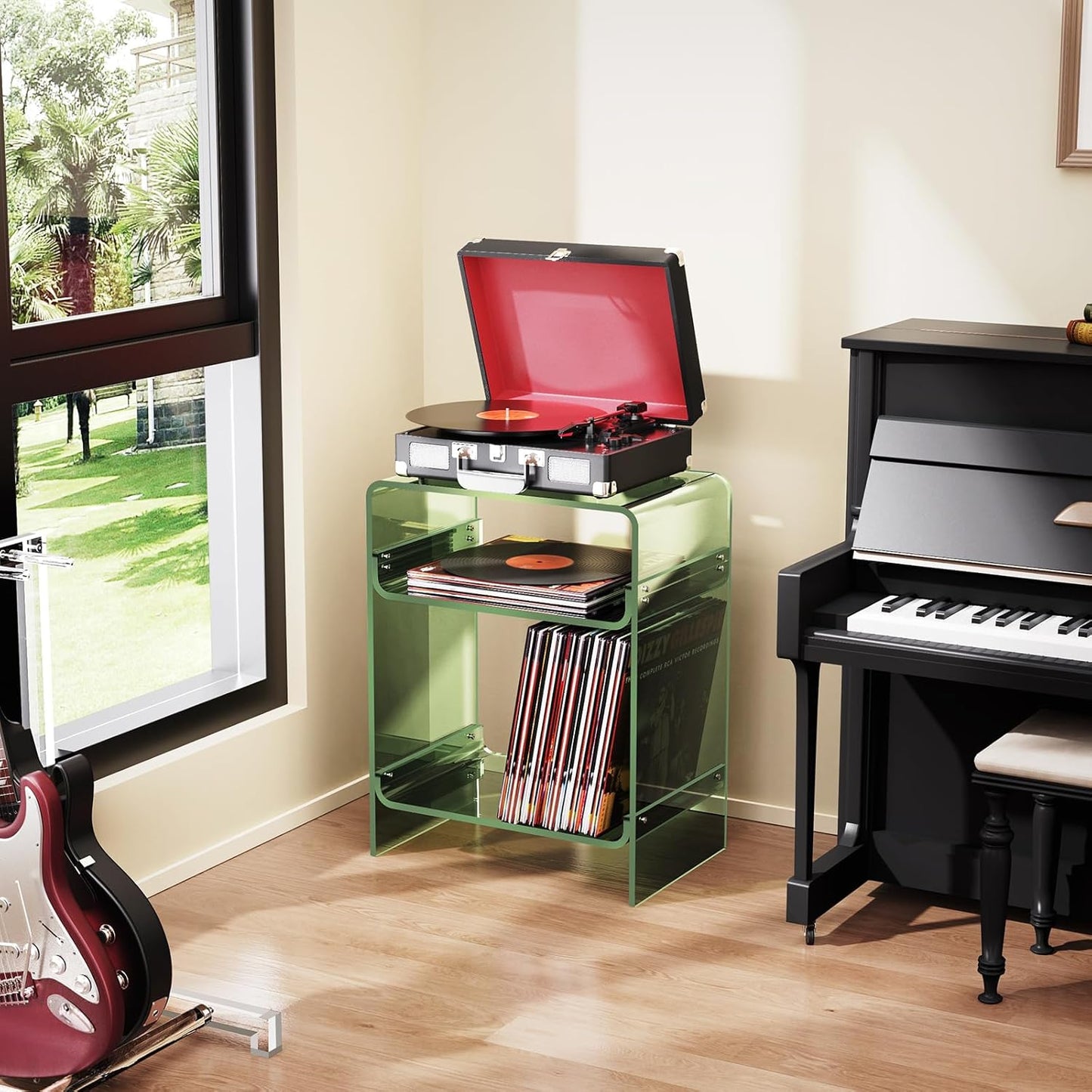 Acrylic Record Player Table with Storage Shelf, Clear Side Table Nightstand (Green)