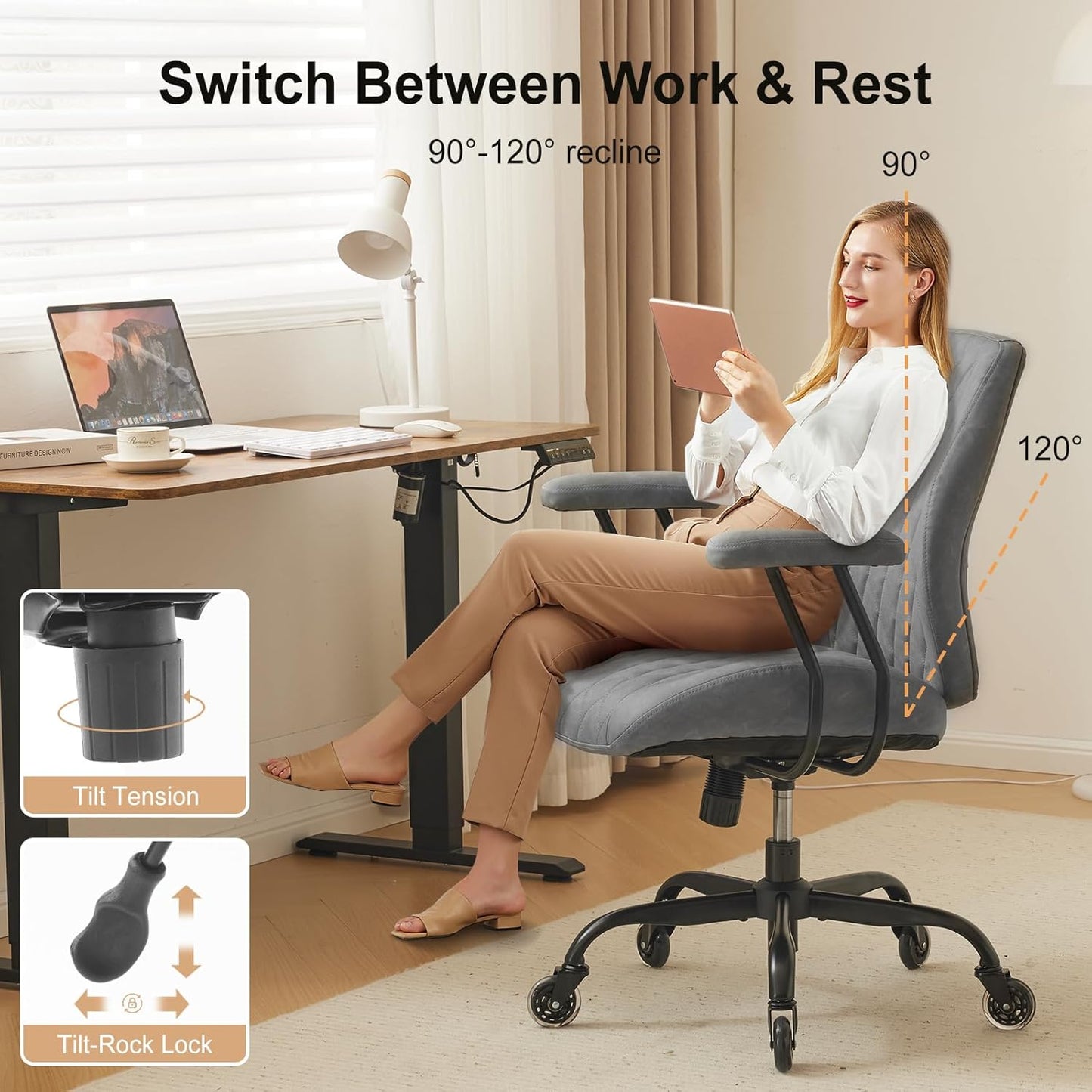 YFO Modern Ergonomic Office Desk Chair, Grey Leather with Lumbar Support, Adjustable Height, Swivel, Armrests, for Office, Gaming, Reading, Relaxing