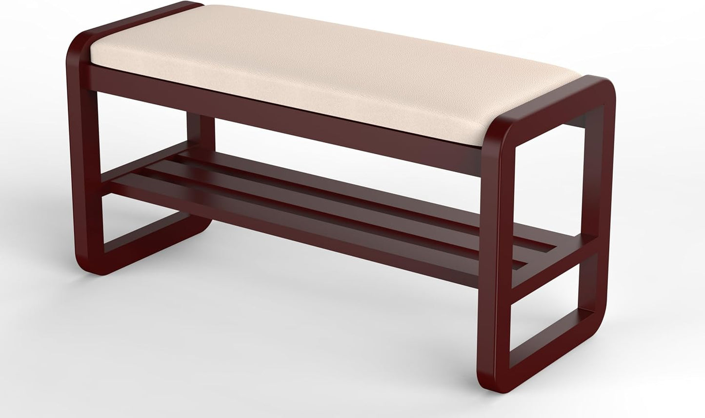 Solid Wood Shoe Rack, 2 Tier Shoe Storage Bench with Cushion Seat, 10 Pair Shoe Organizer for Entryway, Walnut, 39 Inch