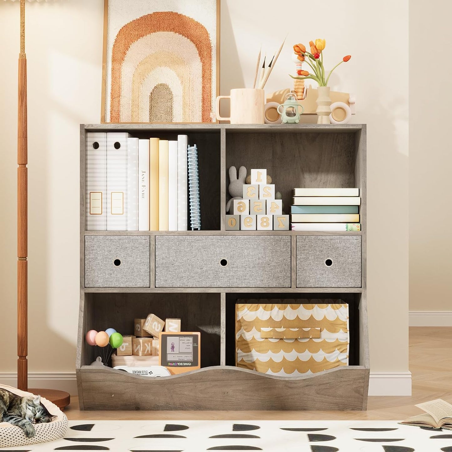 IDEALHOUSE 7-Cubby Large Kids Toy Storage Organizer, Children Wood Bookcase and Bookshelf, 3-Tier Toy Storage Cabinet with 3 Drawers for Hallway, Playroom, Living Room, School,Gray