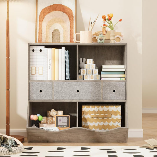 IDEALHOUSE 7-Cubby Large Kids Toy Storage Organizer, Children Wood Bookcase and Bookshelf, 3-Tier Toy Storage Cabinet with 3 Drawers for Hallway, Playroom, Living Room, School,Gray