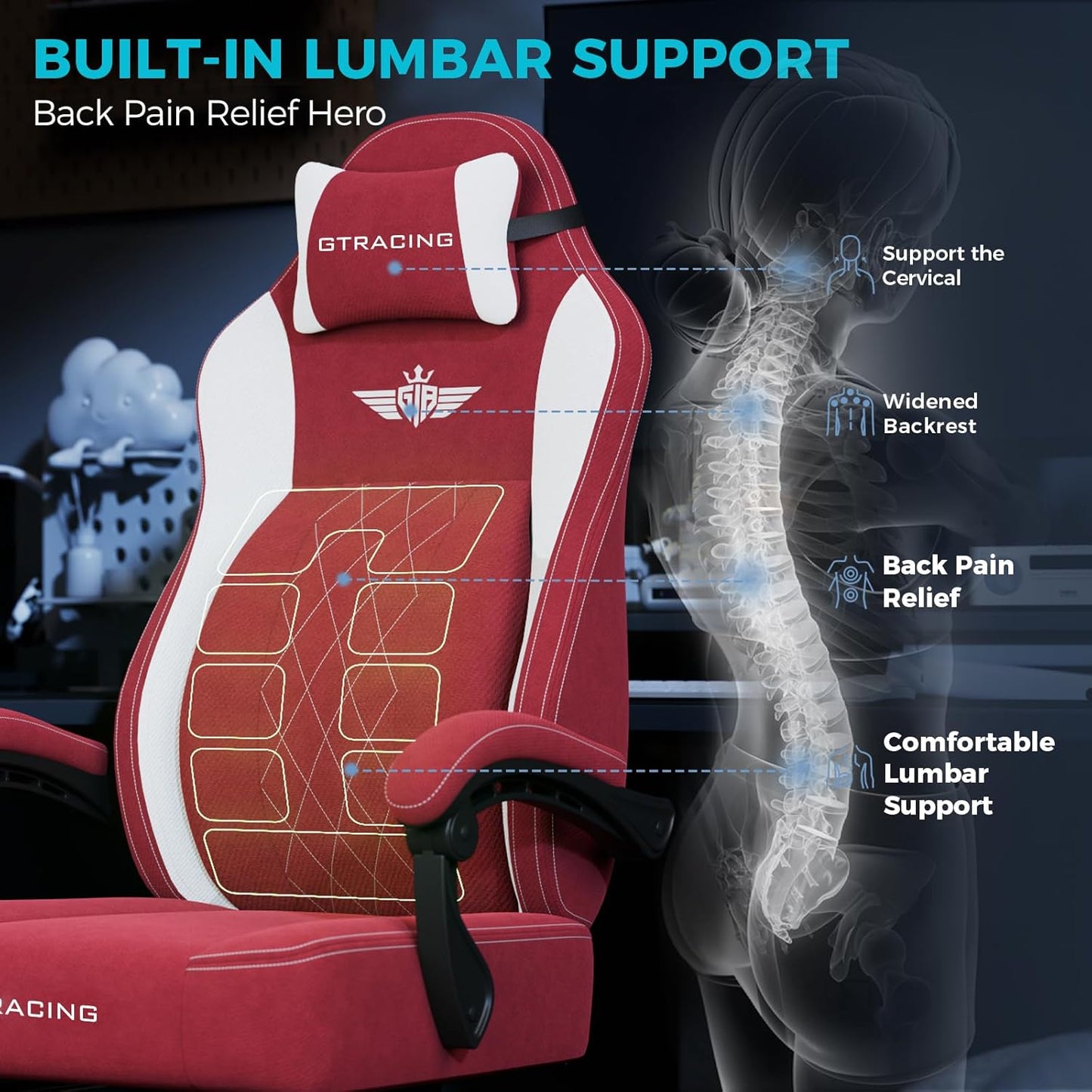 GTPLAYER Big and Tall Gaming Chair Breathable Fabric Computer Chair with Strong Lumbar Support, Comfortable Office Chairs with Pocket Spring Cushion, High Back Ergonomic Desk Chairs with Footrest