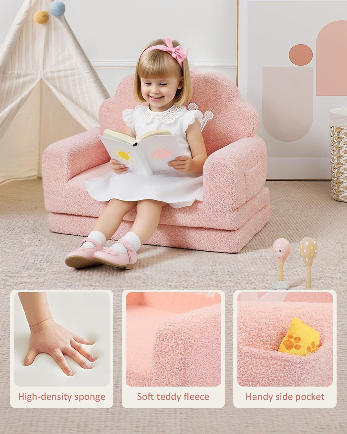 2-in-1 Kids Couch Fold Out, Soft Teddy Sherpa Toddler Couch with Crown Design, Convertible Kids Sofa to Lounger for Nap & Playtime, Cozy Children's Furniture for Boys & Girls, Pink