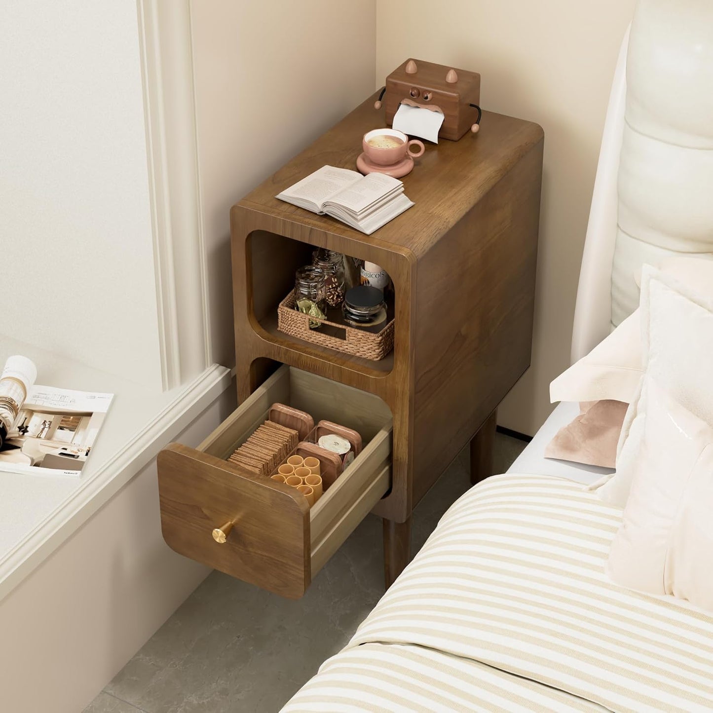 Narrow Nightstand, Solid Wood Night Stand with Drawers, Walnut Mid Century Modern Nightstand, Small Beside Table with Open Storage Shelf for Bedroom (10 inch)