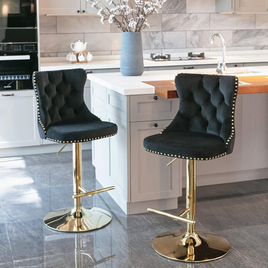 PacknWood Acosure Golden Swivel Velvet Barstools Adjusatble Seat Height from 25-33" with Comfortable Tufted,Modern Upholstered Chrome Base Bar Chairs,for Home Pub Kitchen,Black,Set of 2