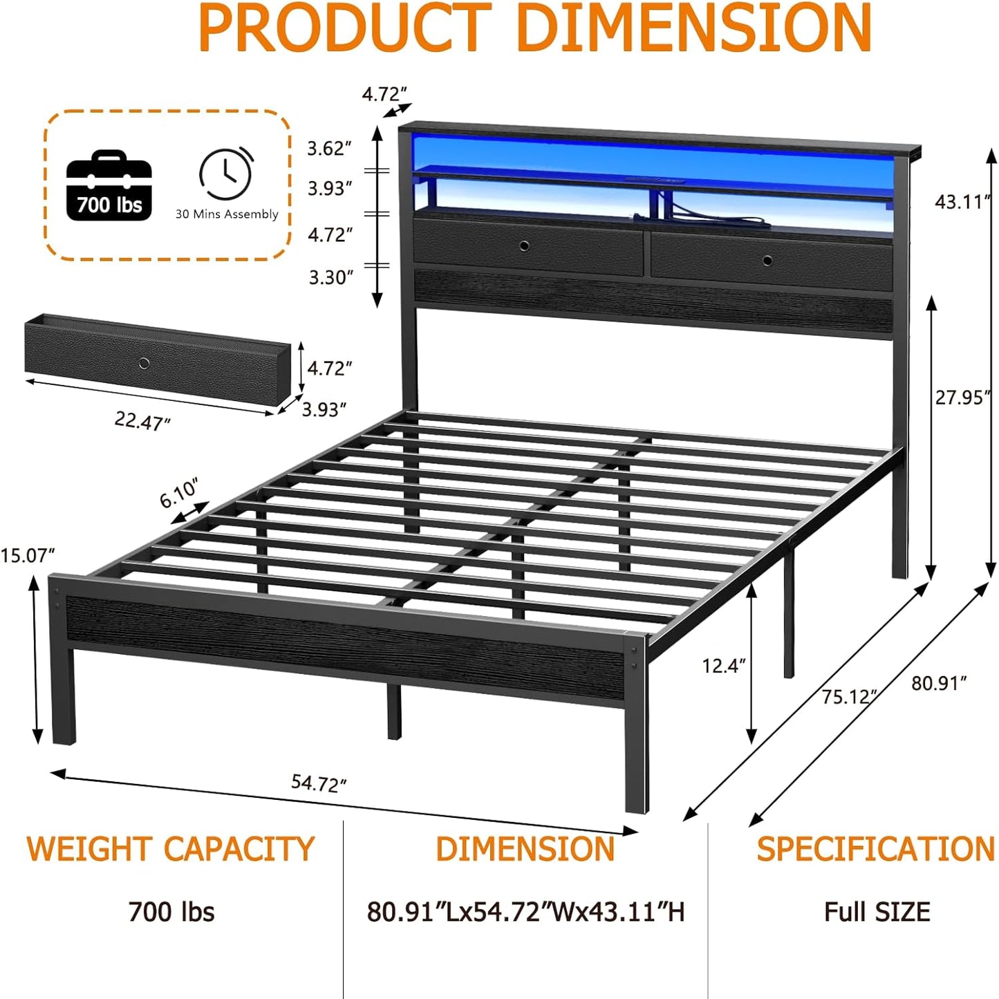 Furnulem Full Size Bed Frame with Headboard & 2 Fabric Drawers, Full Platform Bed Featuring LED Lights, Built-in Charging Station & Storage Shelves, Metal Slats, No Box Spring Needed – Black Oak