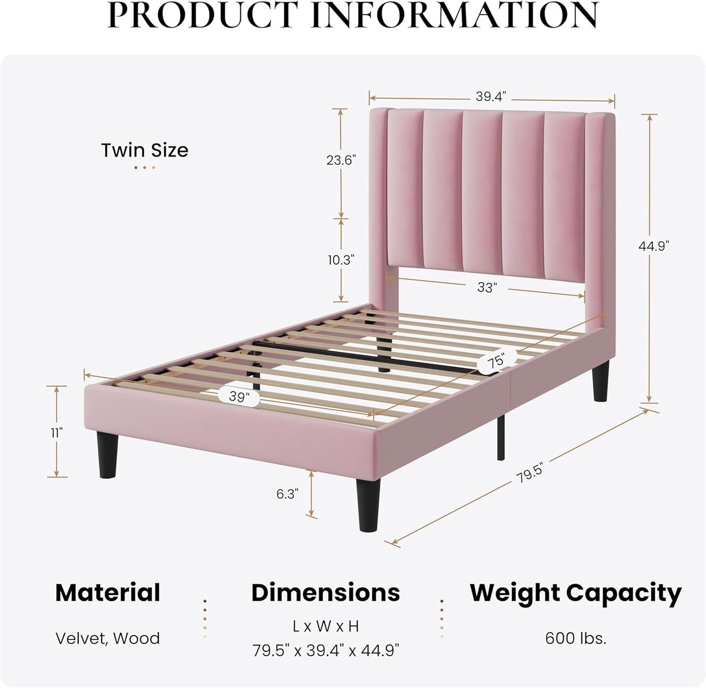 SHA CERLIN Twin Bed Frame/Velvet Upholstered Platform Bed Frame with Headboard/Strong Wood Slats Support/Mattress Foundation/No Box Spring Needed - Pink