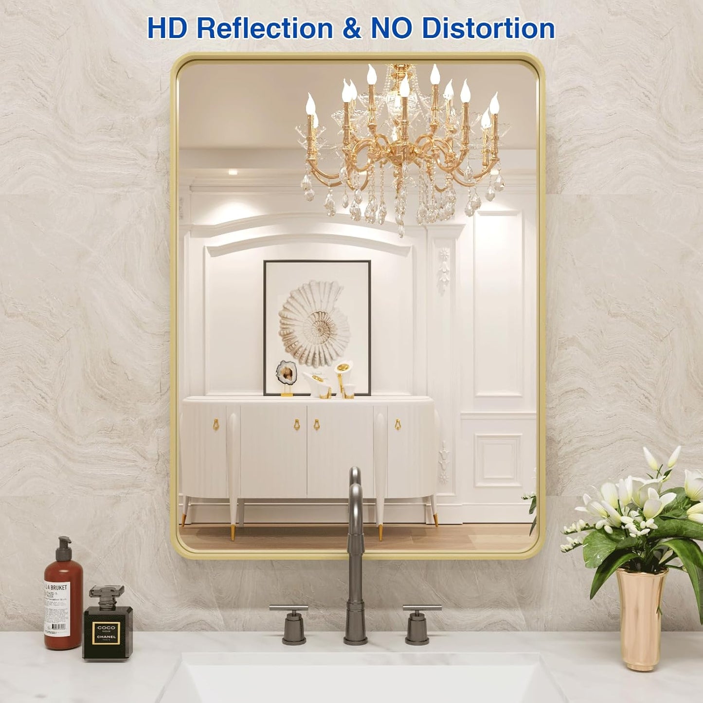 WEER Gold Bathroom Mirror, 20X30 Inch Brushed Gold Metal Frame Mirror, Rounded Rectangle Gold Bathroom Vanity Mirror for Wall, Tempered Glass, Anti-Rust, Hangs Horizontally or Vertically