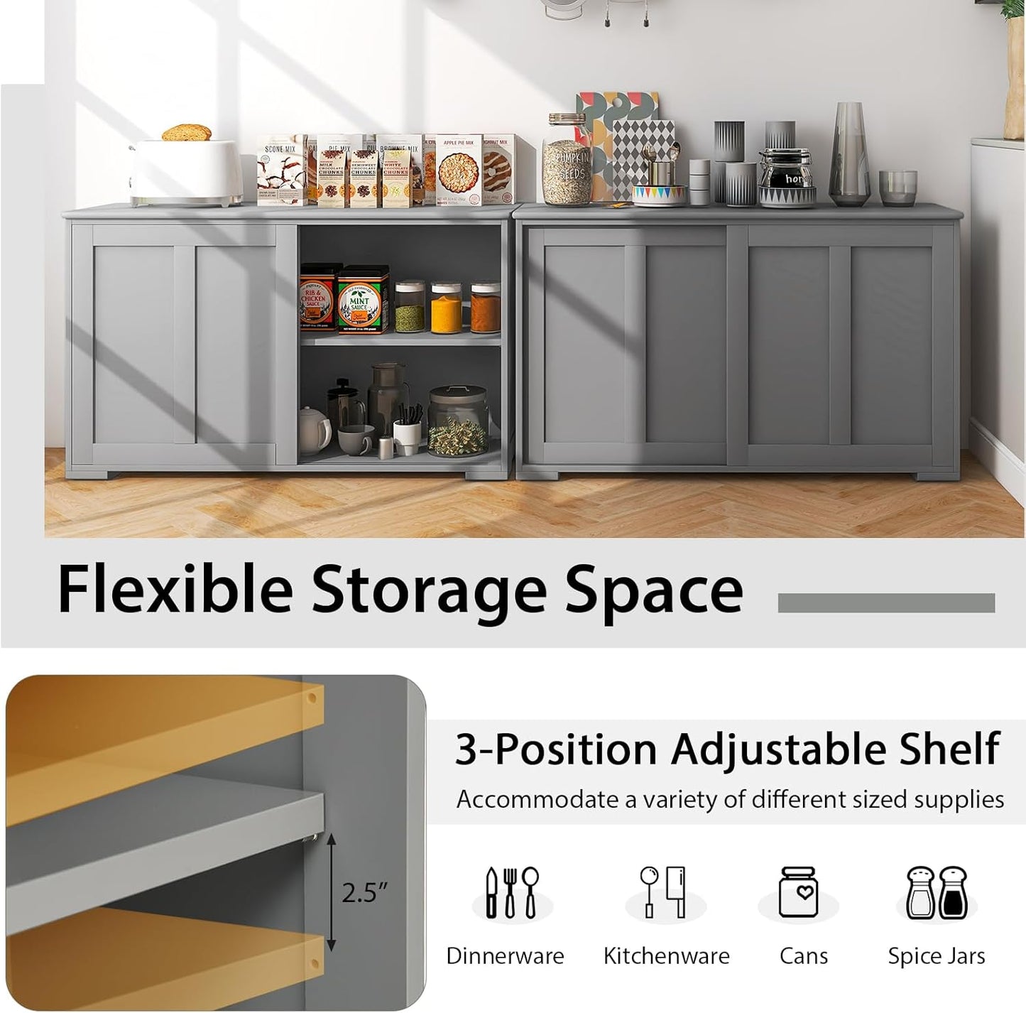 Costzon Sideboard Buffet Cabinet, Wooden Kitchen Storage Cabinet with Adjustable Shelf, Sliding Barn Door, Accent Coffee Bar Cabinet Console Table for Living Room, Dining Room, Hallway (Grey)