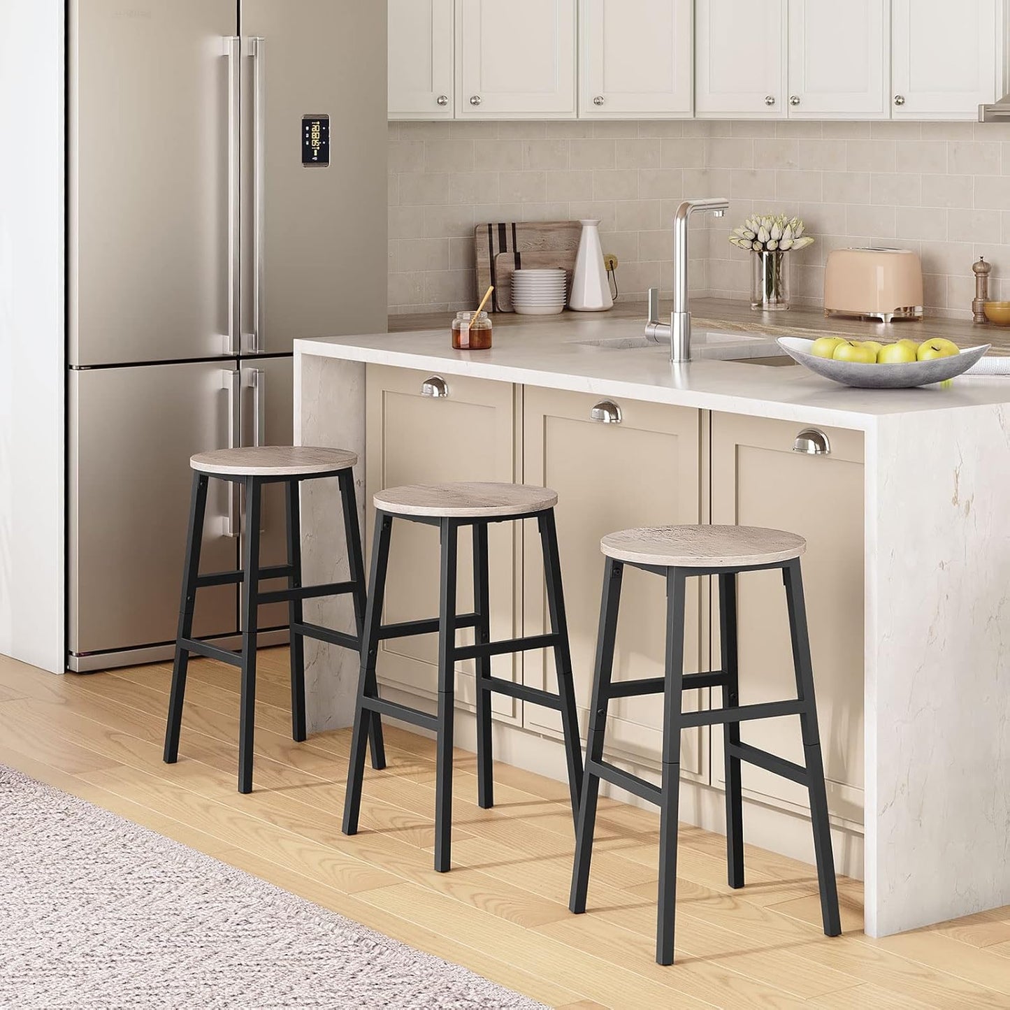 Bar Stools, Set of 2 Round Bar Chairs with Footrest, 24.4 Inch Kitchen Breakfast Bar Chairs, Industrial Bar Stools, Easy Assembly, for Dining Room, Kitchen, Greige BAHG0201Z