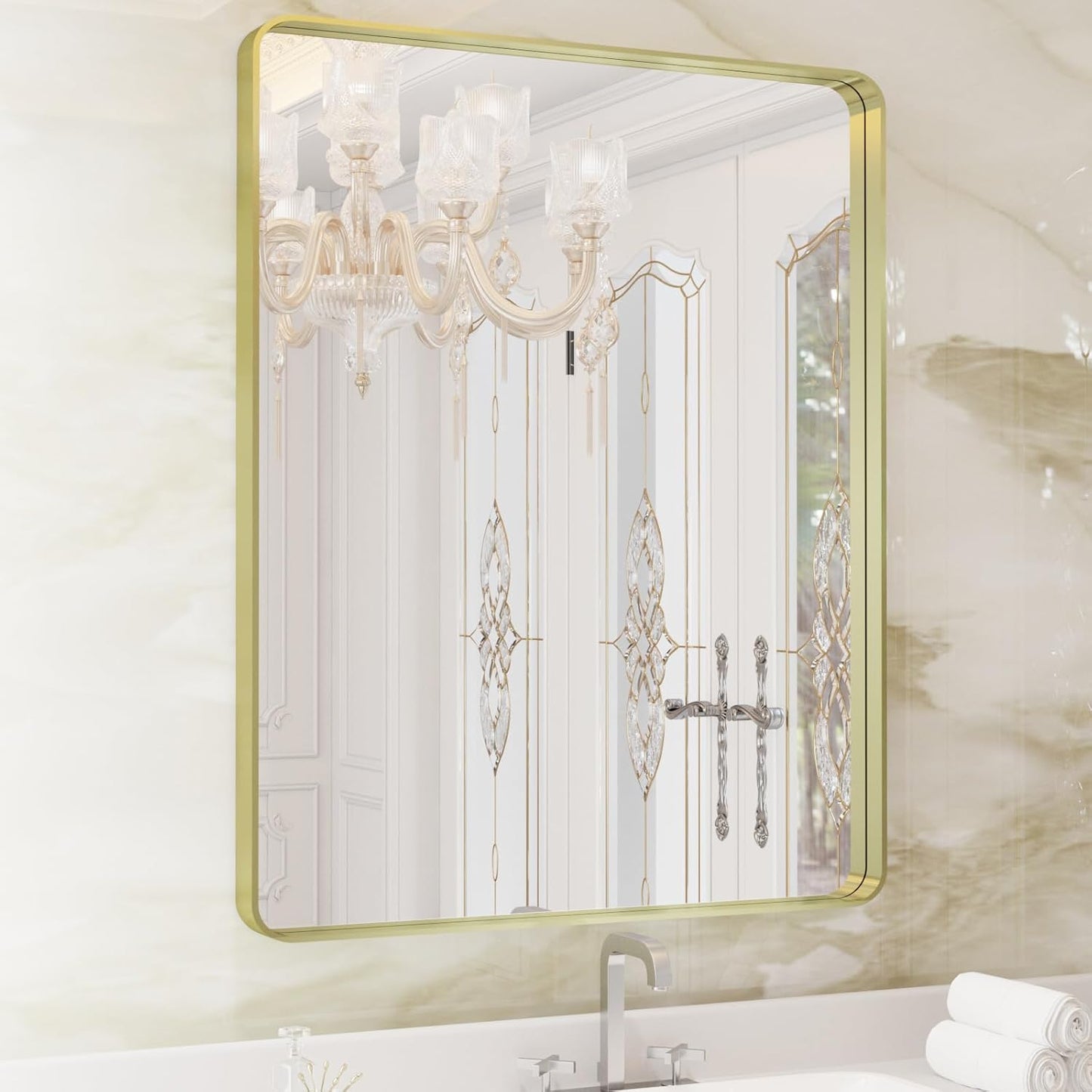 WEER Gold Bathroom Mirror, 28X36 Inch Brushed Gold Metal Frame Mirror, Rounded Rectangle Gold Bathroom Vanity Mirror for Wall, Tempered Glass, Anti-Rust, Hangs Horizontally or Vertically