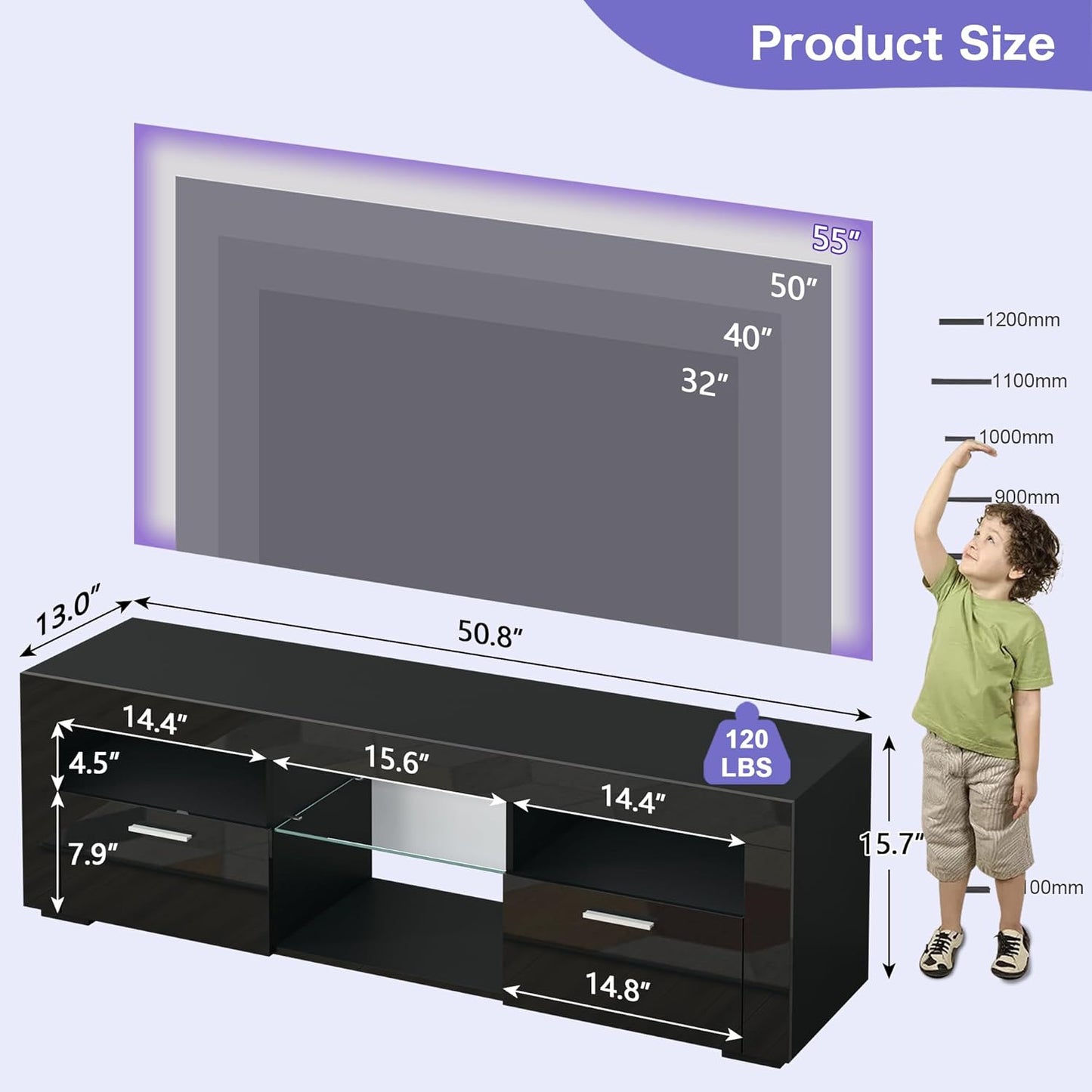 55" TV Stand for Living Room, High-Gloss Entertainment Center for 55 Inch TV, Spacious Storage Cabinet for Living Room & Bedroom (Black)