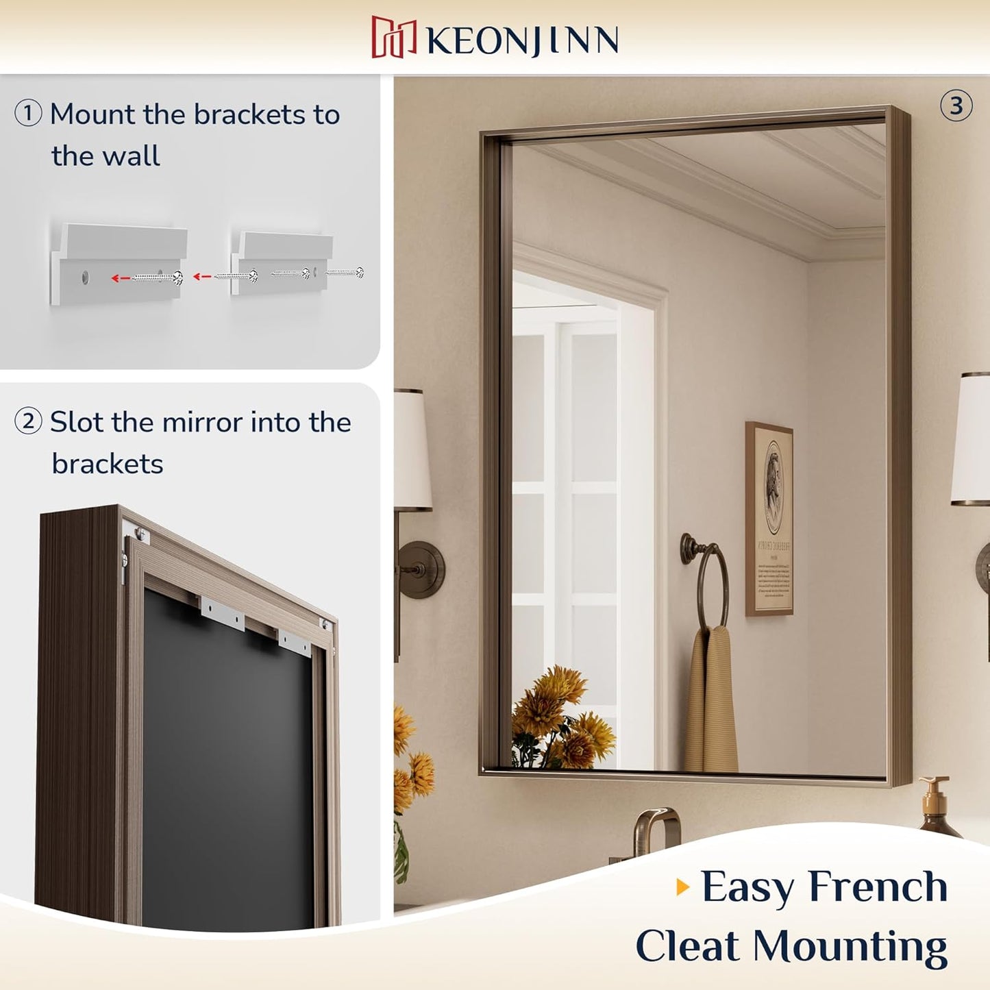 Keonjinn 24 x 36 in Brushed Bronze Bathroom Mirror, Rectangular Metal Frame Farmhouse Wall Mirror, Modern Rectangle Mirrors with Aluminum Alloy Framed for Over Sink(Horizontal/Vertical)