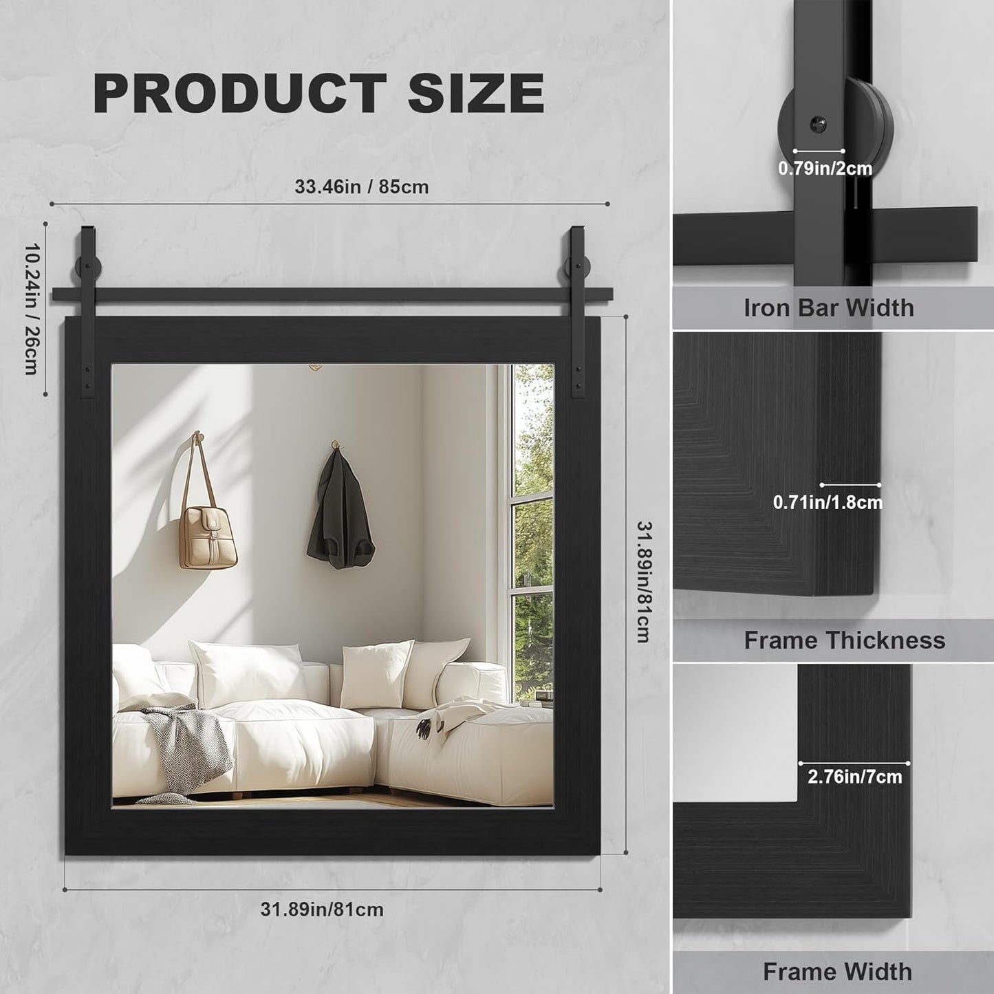 Hasipu Farmhouse Bathroom Mirror, 31"x31" Rustic Wood Framed Wall Mounted Mirror, Black Vintage Vanity Mirror Barn Door Style Decrative Mirrors