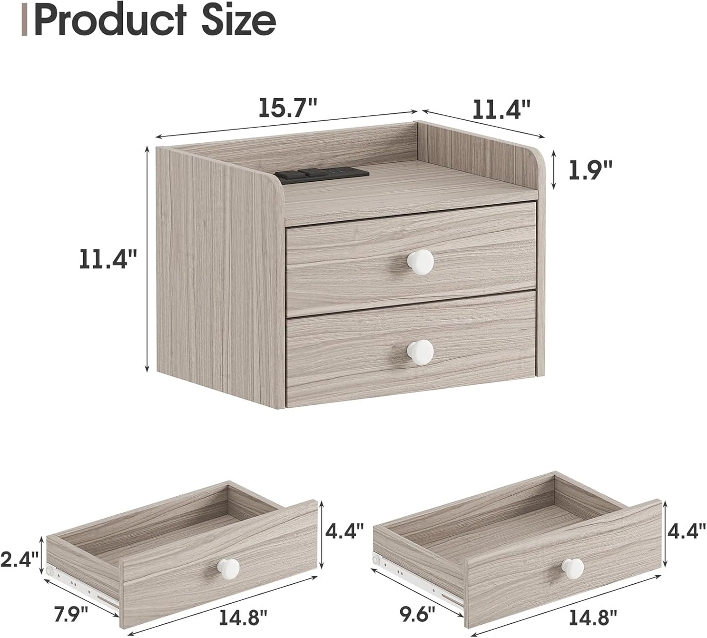 Floating Nightstand Set of 2 with 2 Storage Drawers and Charging Station Wood Wall Mounted Bedside End Table Modern Night Stands Set 2 for Bedroom,Small Space,Grey