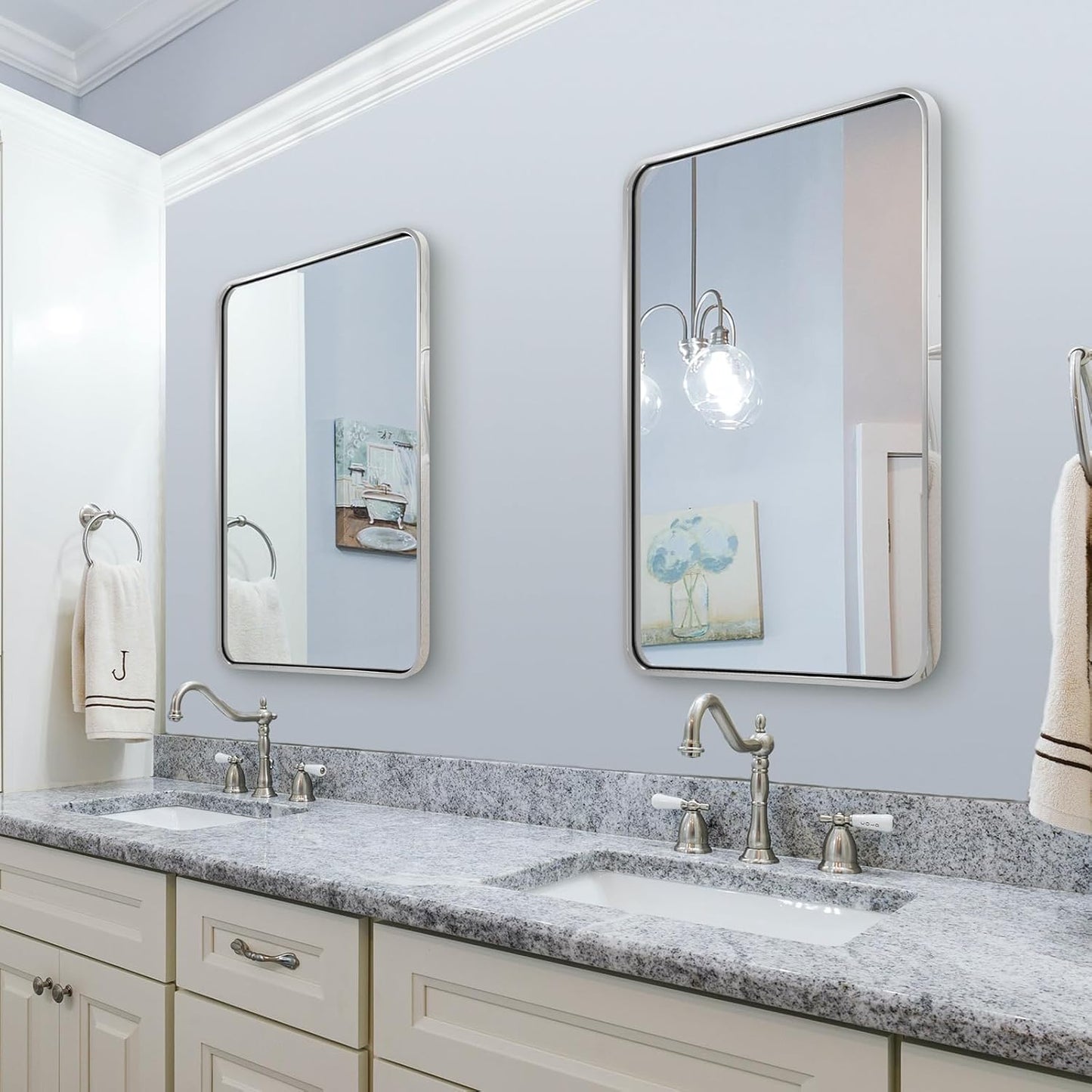 ANDY STAR 24x32 INCH Chrome Mirrors for Bathroom, Polished Nickel Bathroom Mirror, Rounded Rectangle Mirror, Anti-Rust SUS304, Tube Metal Frame, 1’’ Deep Wall Mounted Vertically/Horizontal