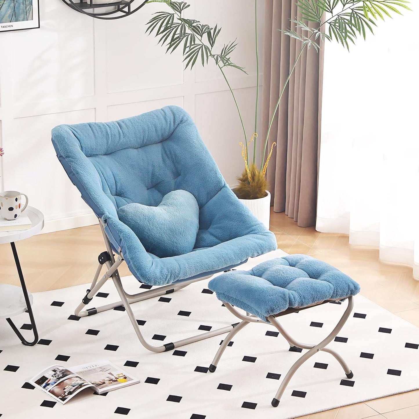 Saucer Chair with Ottoman, Comfy Oversized Folding Chair, Faux-Fur Reading Chair for Teens, Adults, Foldable Accent Lazy Chair, Metal Frame Lounge Chair for Living Room, Bedroom, Blue