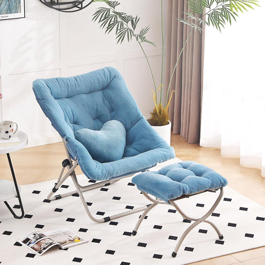 Saucer Chair with Ottoman, Comfy Oversized Folding Chair, Faux-Fur Reading Chair for Teens, Adults, Foldable Accent Lazy Chair, Metal Frame Lounge Chair for Living Room, Bedroom, Blue