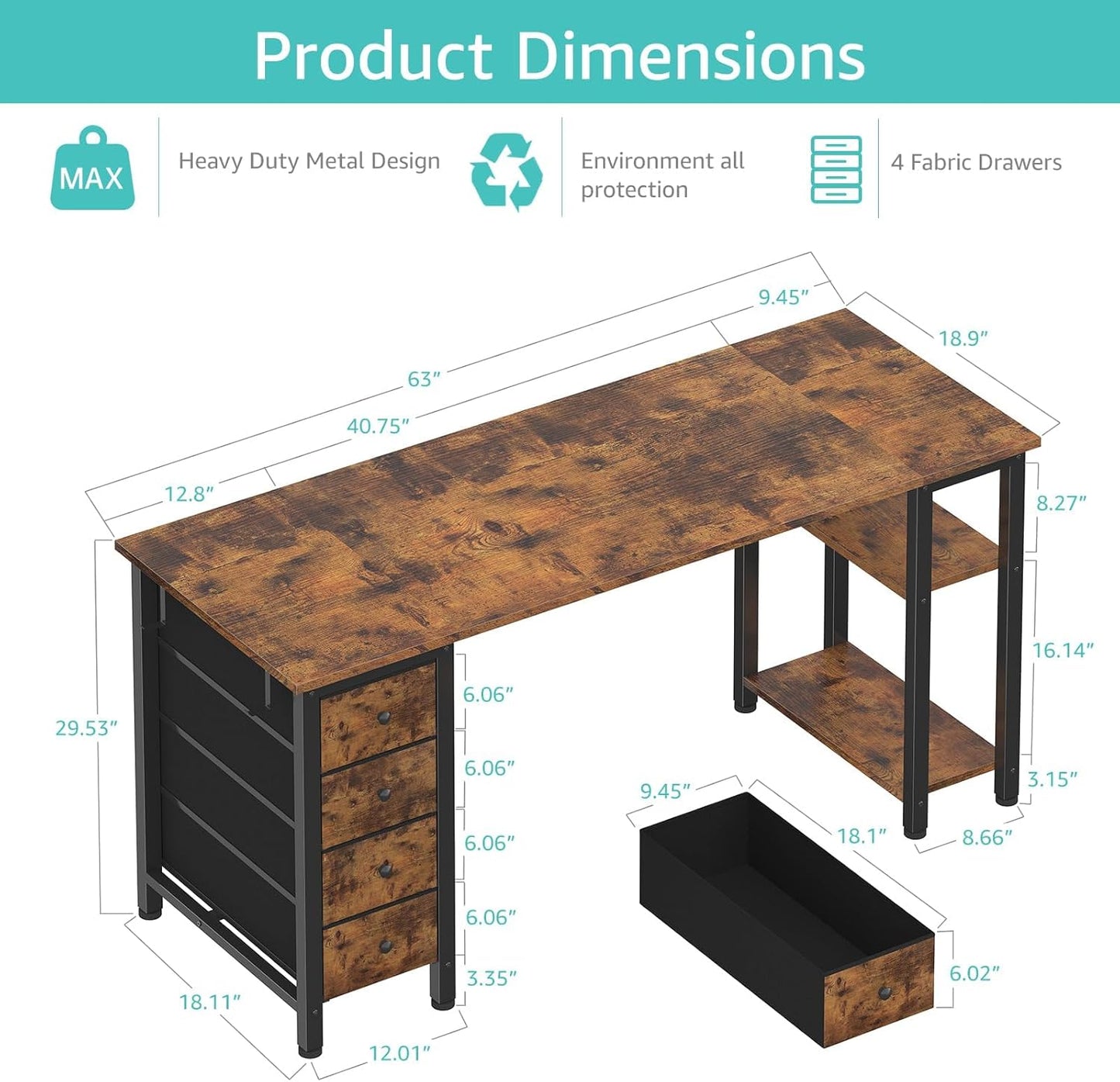 Lufeiya 63 inch Computer Desk with 4 Fabric Drawers & Storage Shelves, Writing Work Study Desk for Home Office Bedroom, Modern Simple Student PC Desks Table, Rustic Brown
