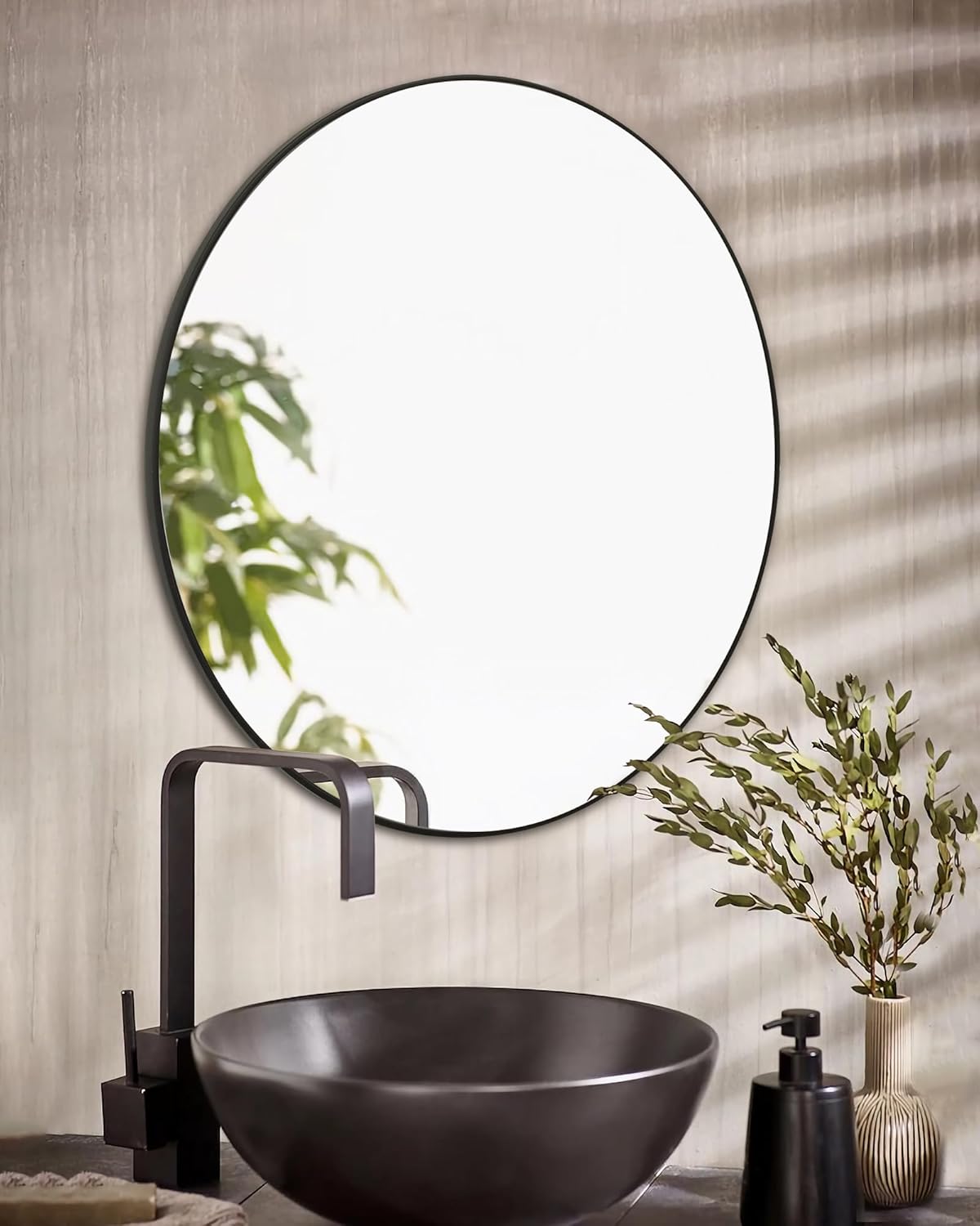 Black Round Mirror,Bathroom 24 Inch Vanity Wall Mirror,Modern Circle Mirror for Wall,Wood Mirror for Bedroom Living Room Entryway