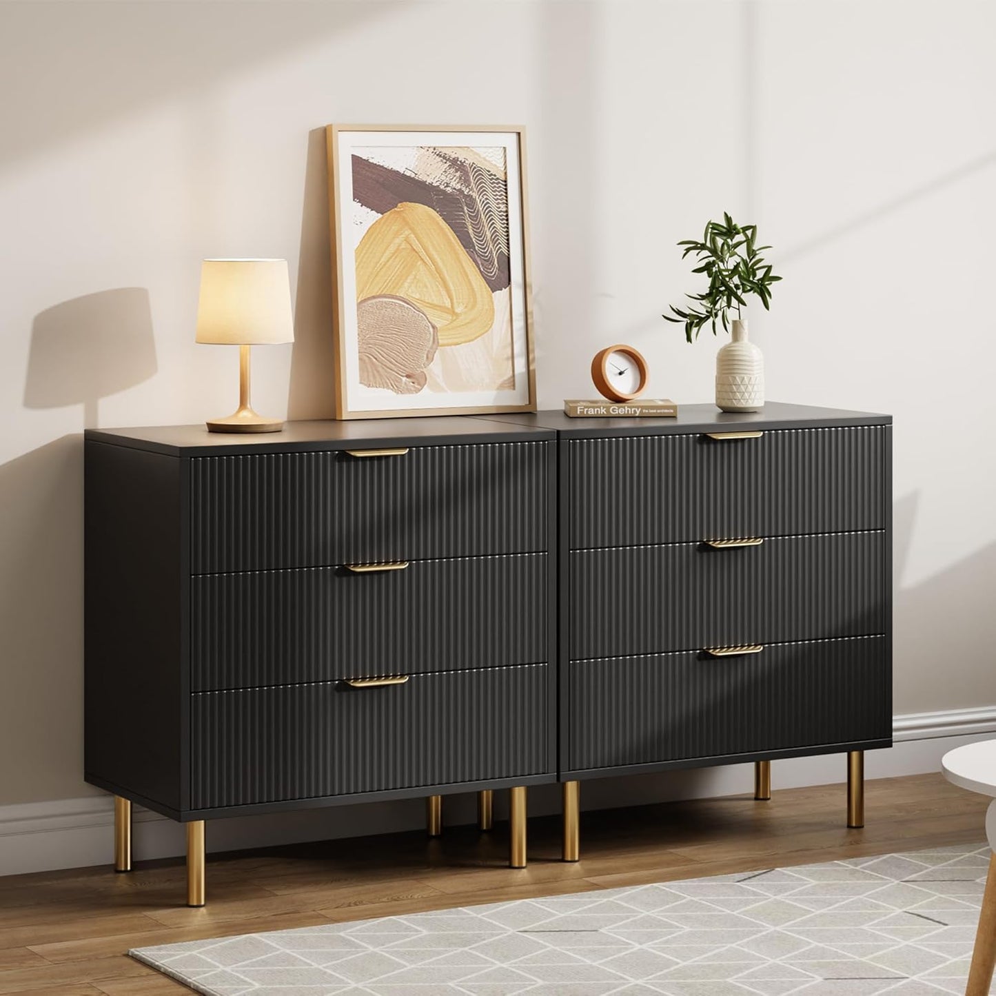 Black Dresser, Modern 3 Drawer Dresser for Bedroom with Gold Handle and Large Drawer, Wood Double Chest of Drawers and Storage Organizer for Living Room, Hallway, Entryway