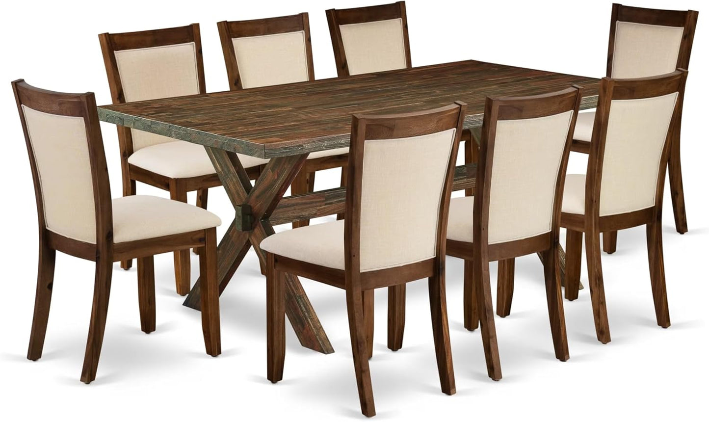 East West Furniture X777MZN32-9 9 Piece Dining Room Set Includes a Rectangle Kitchen Table with X-Legs and 8 Light Beige Linen Fabric Parson Dining Chairs, 40x72 Inch, Multi-Color