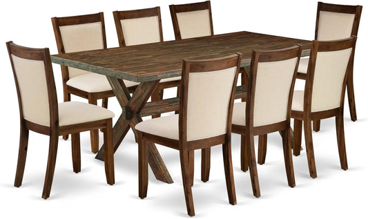 East West Furniture X777MZN32-9 9 Piece Dining Room Set Includes a Rectangle Kitchen Table with X-Legs and 8 Light Beige Linen Fabric Parson Dining Chairs, 40x72 Inch, Multi-Color
