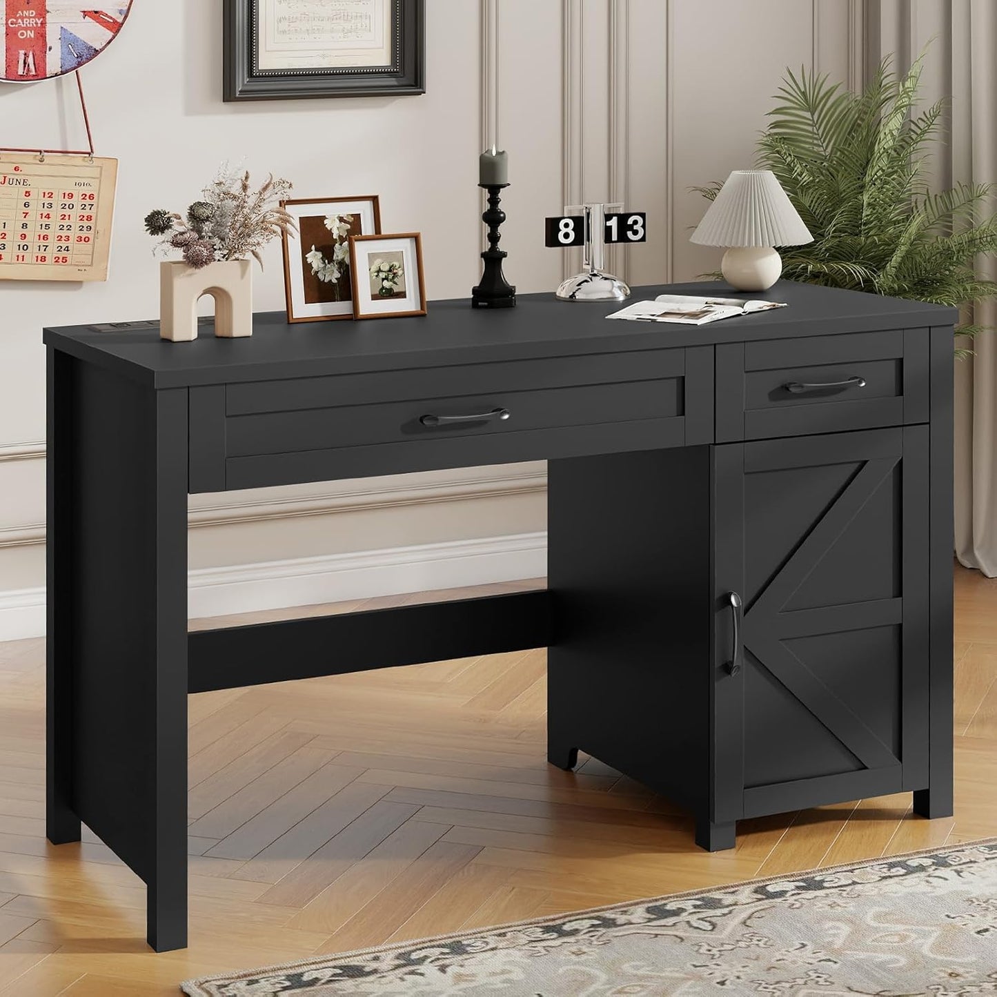 Farmhouse 47" Executive Desk, Computer Desk with Drawers and Storage Cabinet, Workstation Computer Desk for Home Office, Study.(Pure Black)
