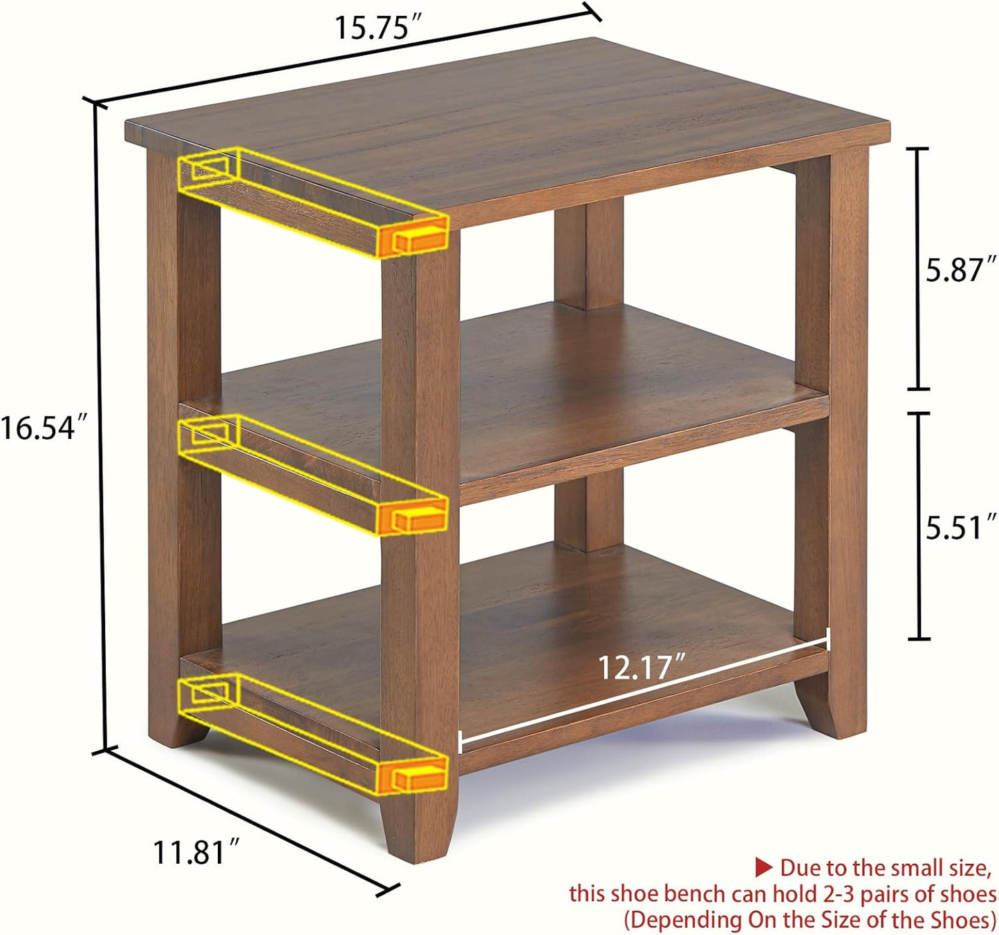 Small Shoe Rack Bench, 2-Tier Solid Wood Heavy Duty Shoe Organizer Shelf for Entryway, Living Room,Bedroom (Brown, 11.81"x15.75"x16.54")