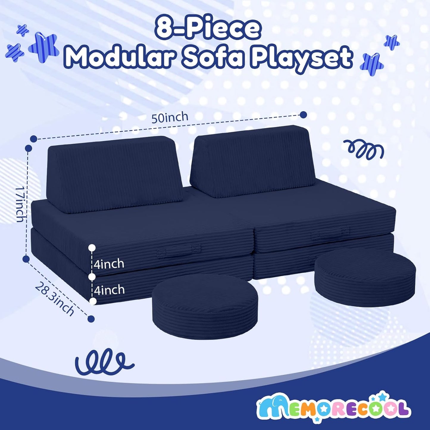 MeMoreCool Kids Couch for Playroom, Corduroy Convertible Toddler Couch, 8 Piece Modular Play Sofa, Foam Fort Building Set for Child Room Furniture, Navy