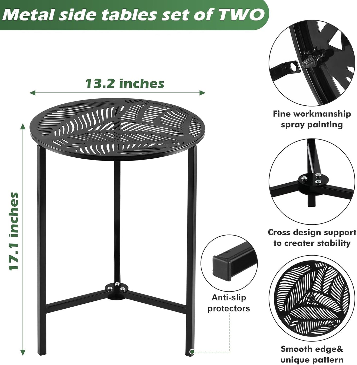 2 Packs 13" Metal Outdoor Side Tables Small Black Outside End Table for Patio Round Accent Corner Stand for Small Spaces Weather-Resistant Coffee Table for Balcony Porch Plant Stand, Palm Leaf